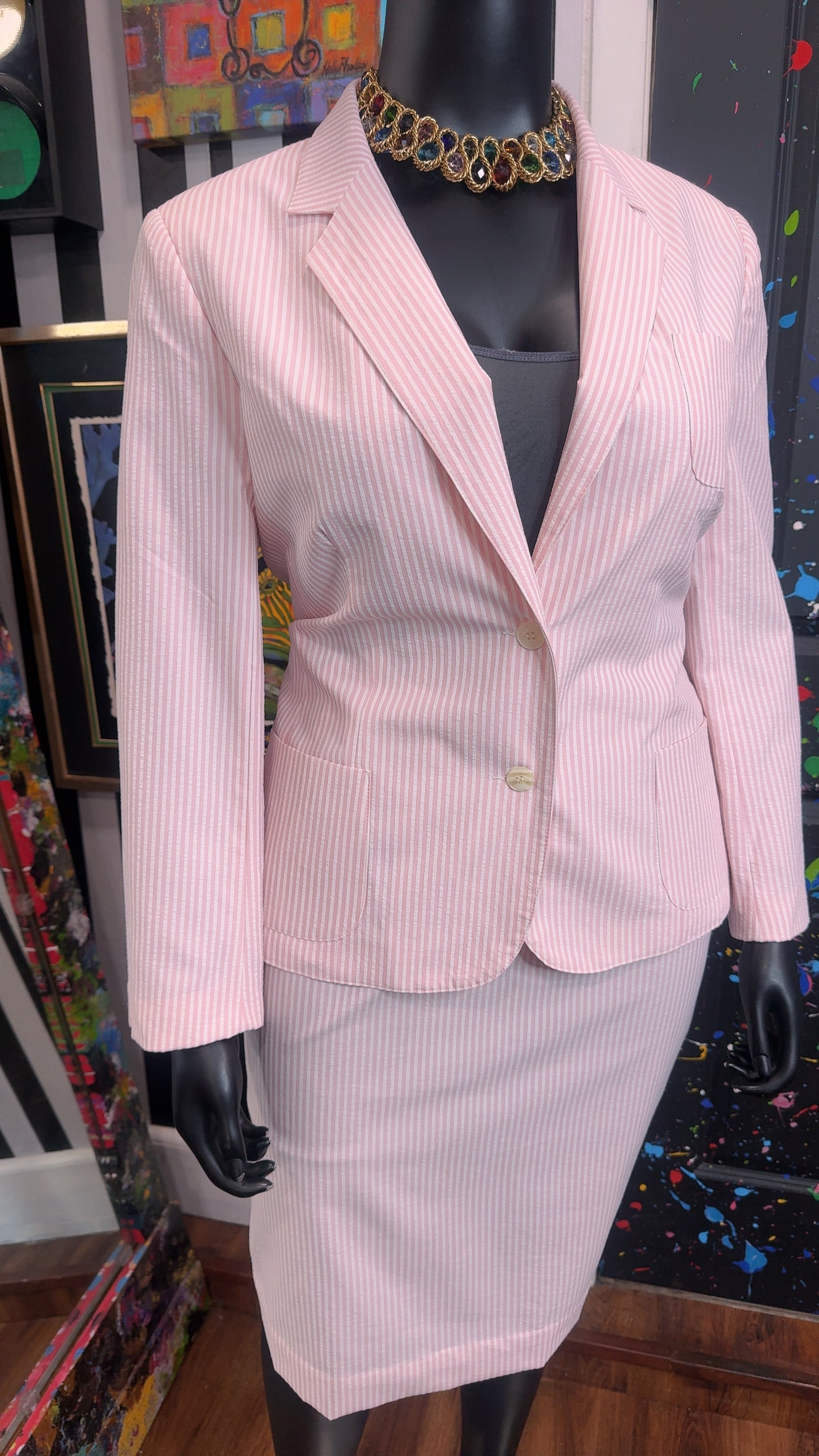 Vintage Pink & White Striped Blazer & Skirt Set (18)