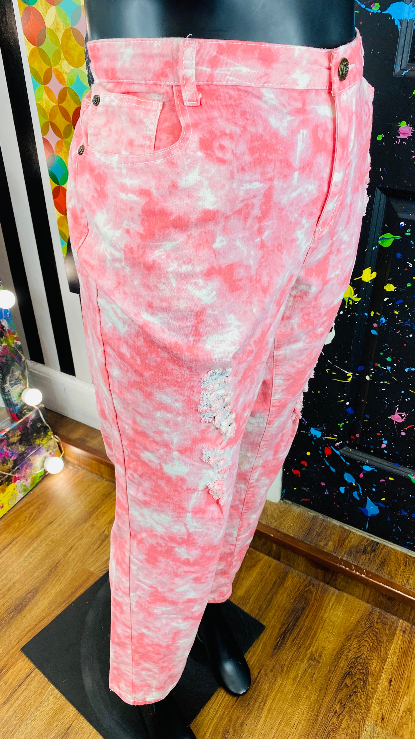 Pink&White Ty-Dyed Distressed Pants
