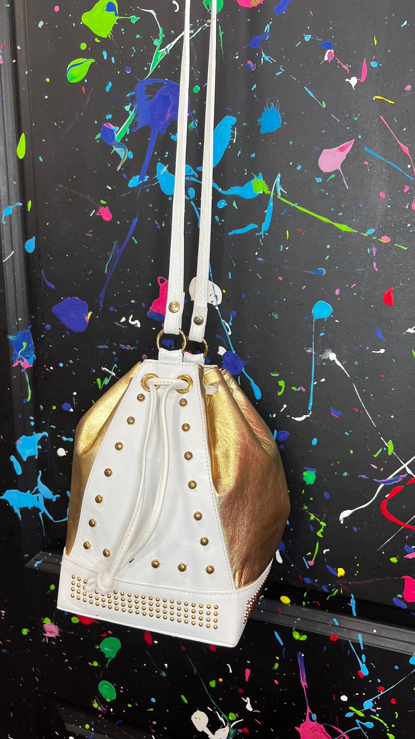 Vintage Genuine Leather Gold & White Studded Bucket Bag