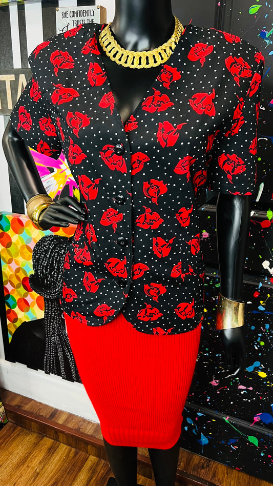 Vintage Polka Dot & Rose Blazer Blouse (12)