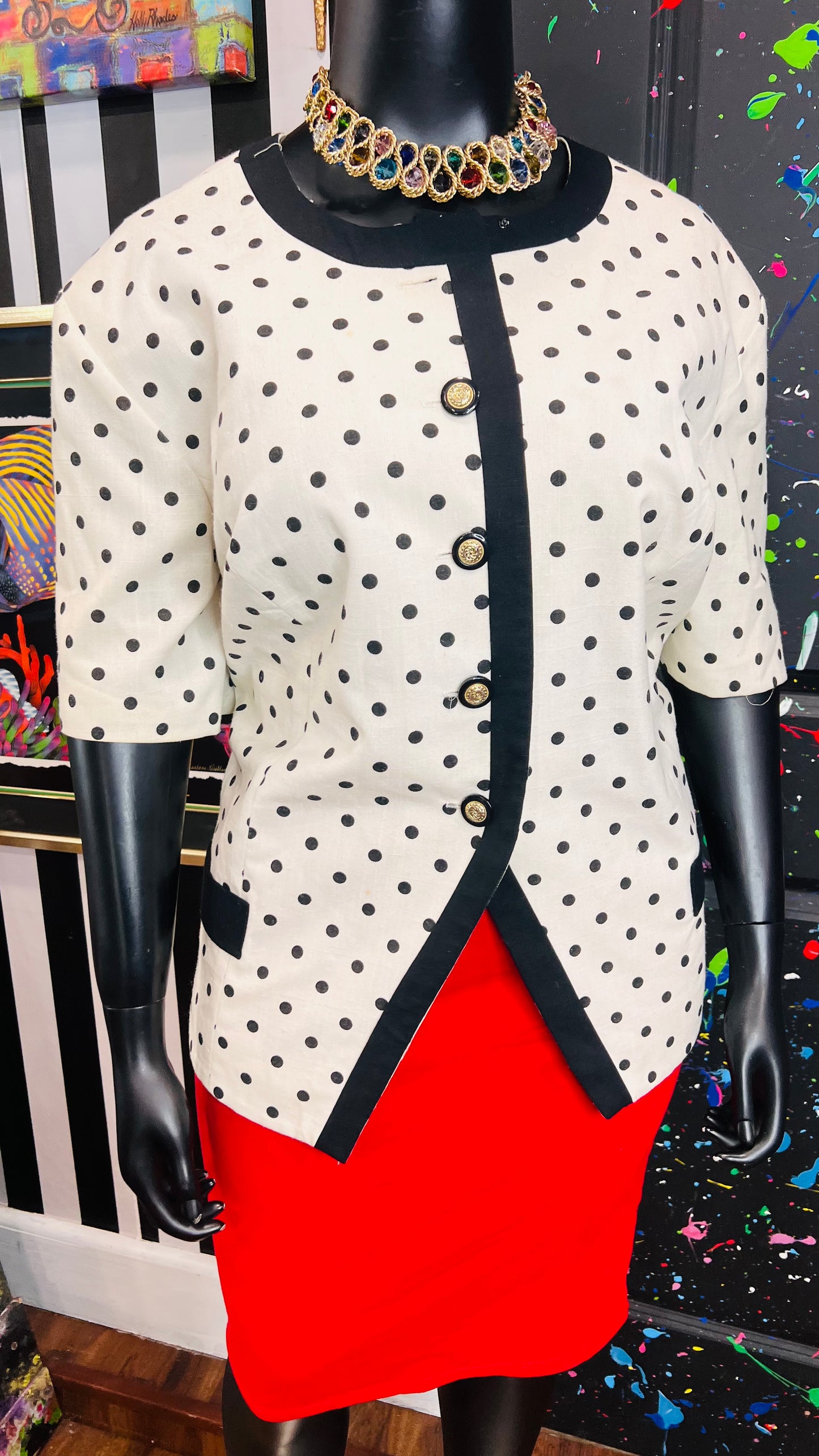 Vintage White & Black Polka Dot Blazer Blouse (24)