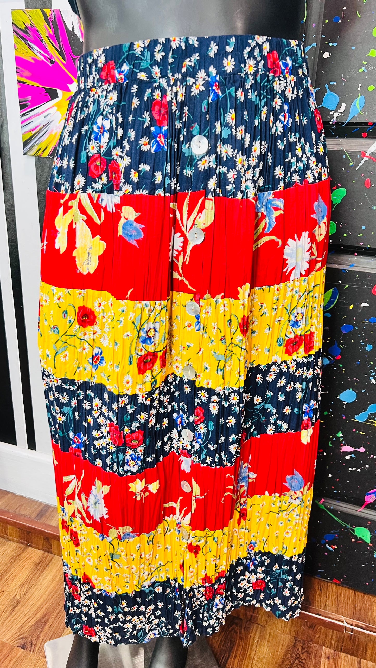 Vintage Rayon Patchwork Button Down Front Skirt (22/24)