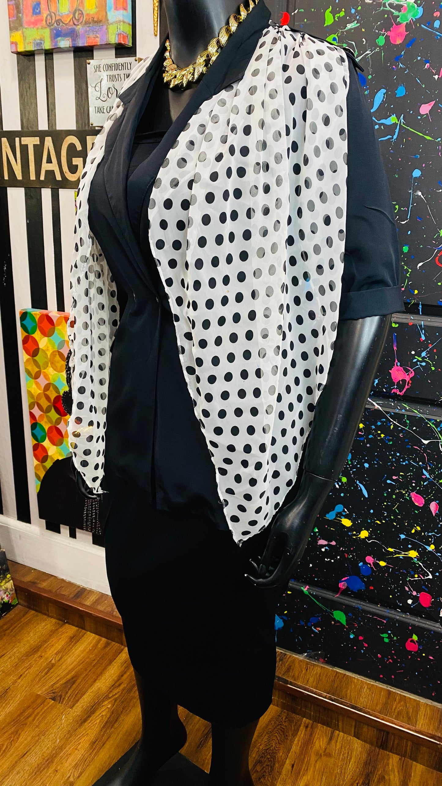 Vintage Black Skirt Set w/ Polka Dot & White Scarf (14)