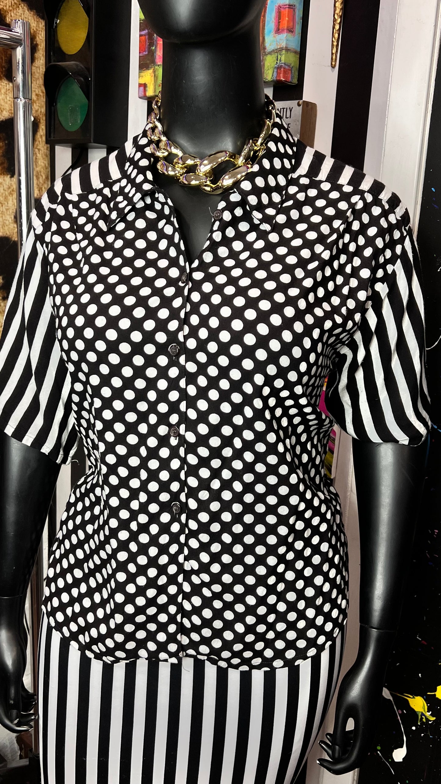 Vintage Rayon Polka Dot & Striped Blouse (20)