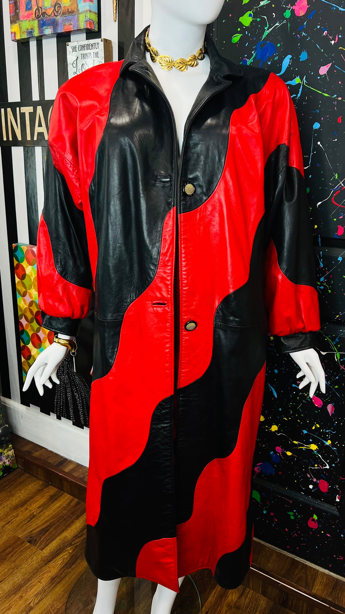 Vintage Genuine Leather Red & Black Trench Coat (16)