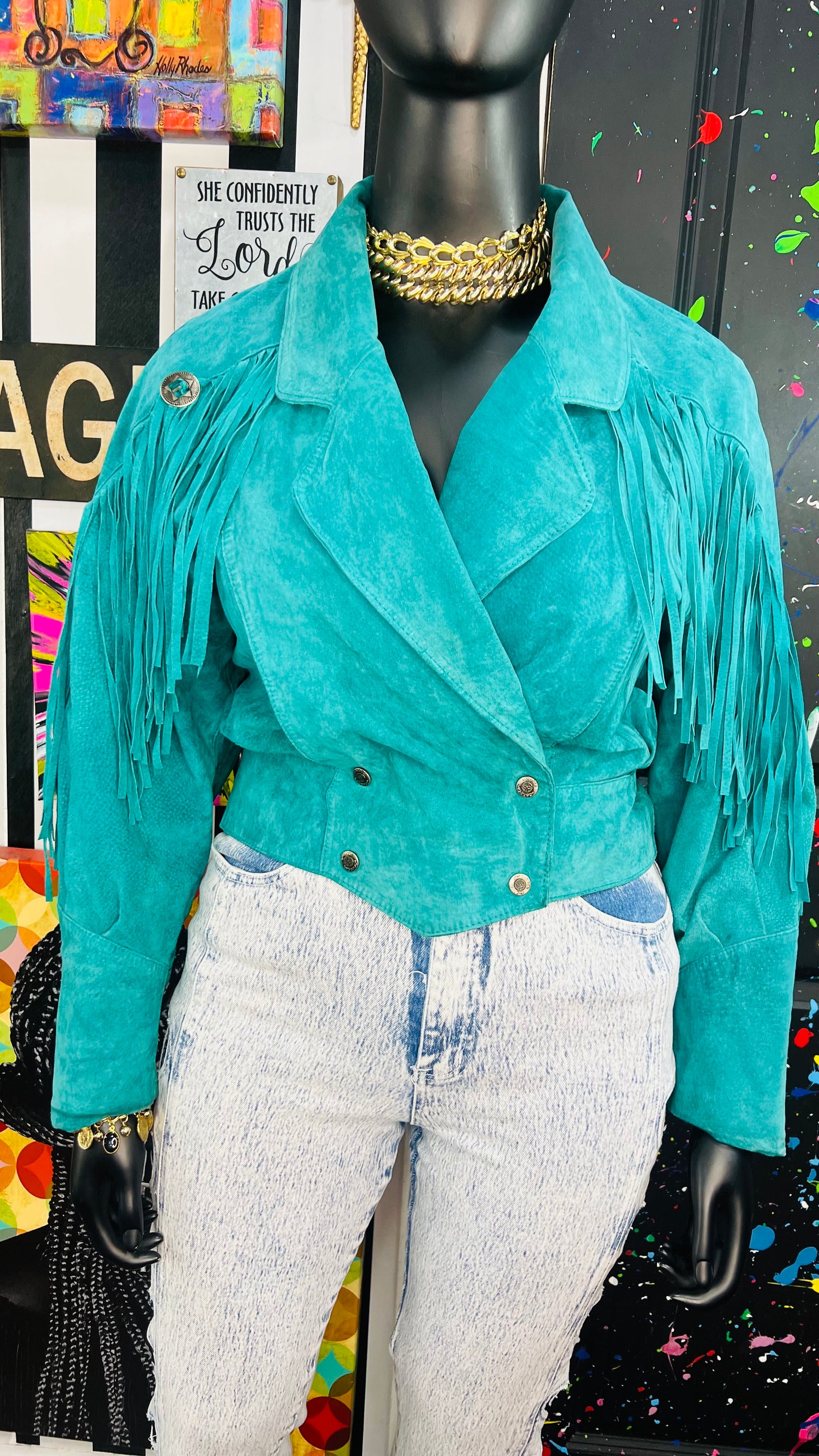 Vintage Teal Suede Genuine Leather Pelle Cropped Fringe Jacket (14)