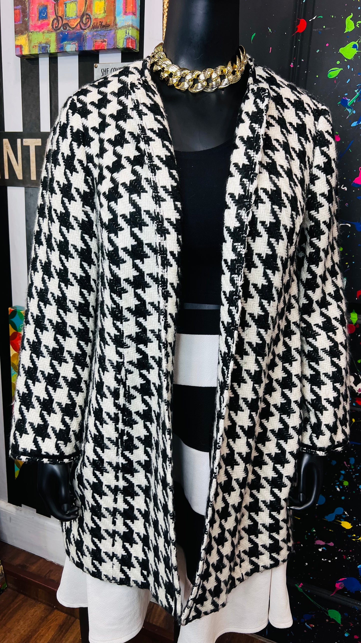 Vintage Black & White Houndstooth Wool Coat (20W)