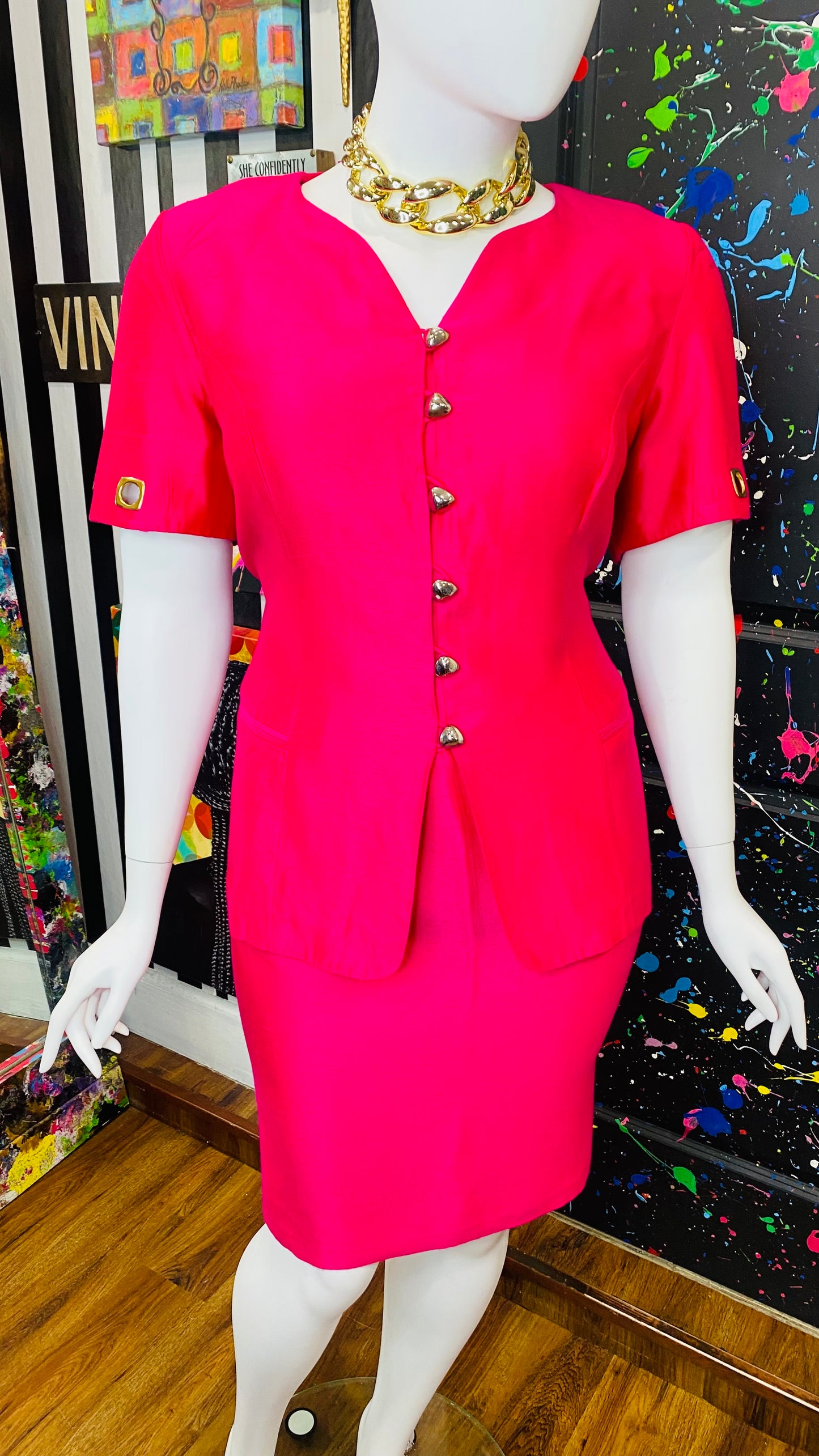 Vintage Vibrant Pink Skirt Suit W/ Gold Accents (20W)