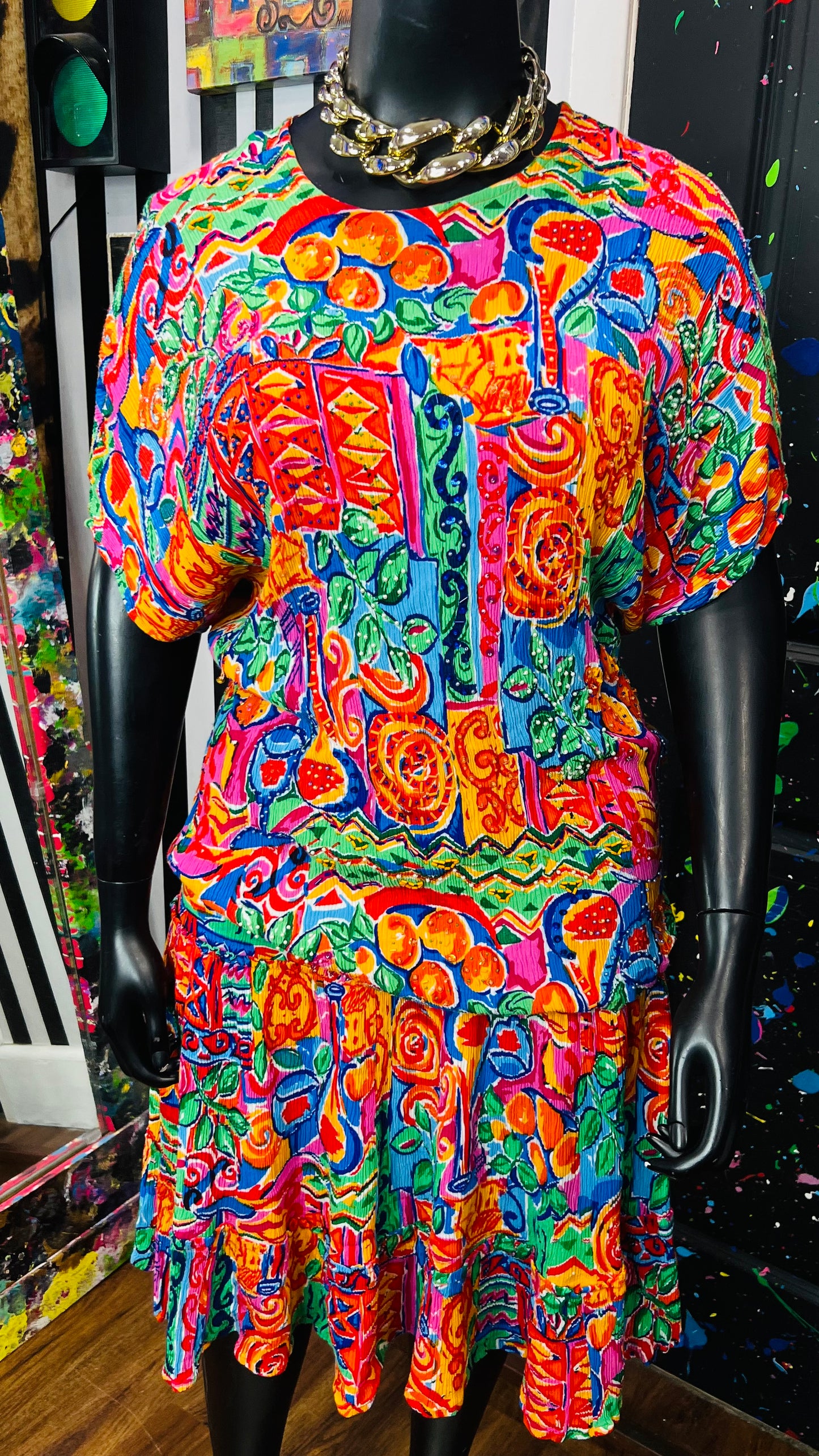 Vintage Sequin Rayon Floral Skirt Set (16) *KC