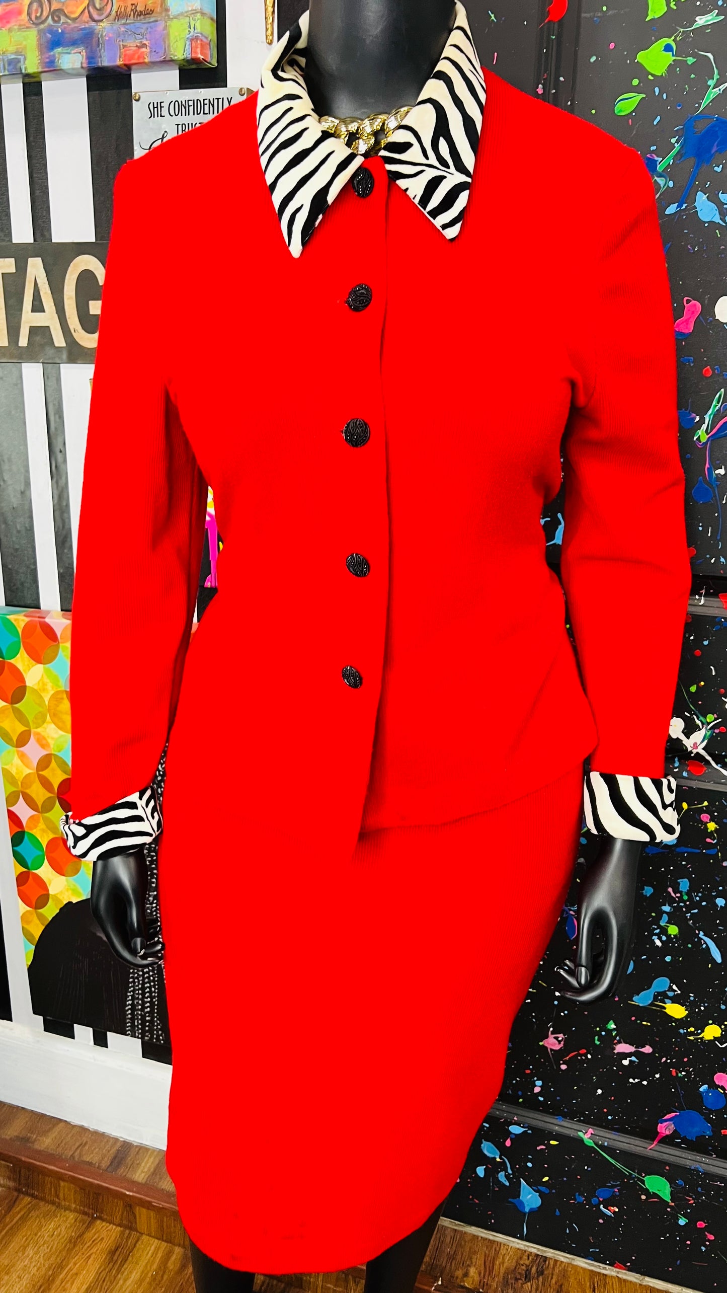 Vintage Red & Zebra Print Skirt Suit - Has Stretch (16)