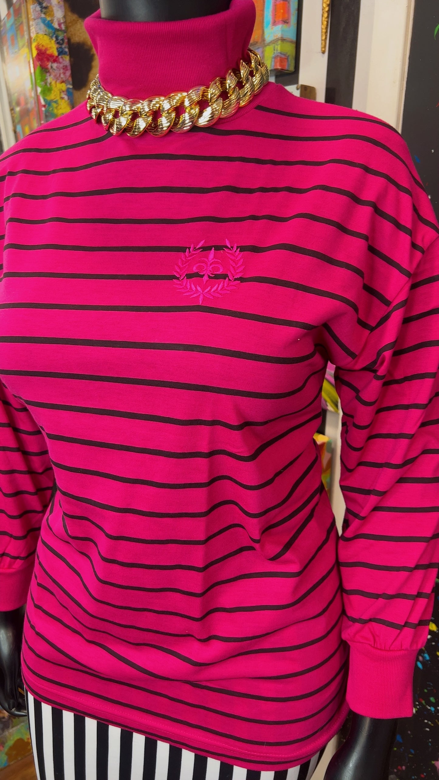 Vintage 100% Cotton Black Striped Turtle Neck - Pink (18)