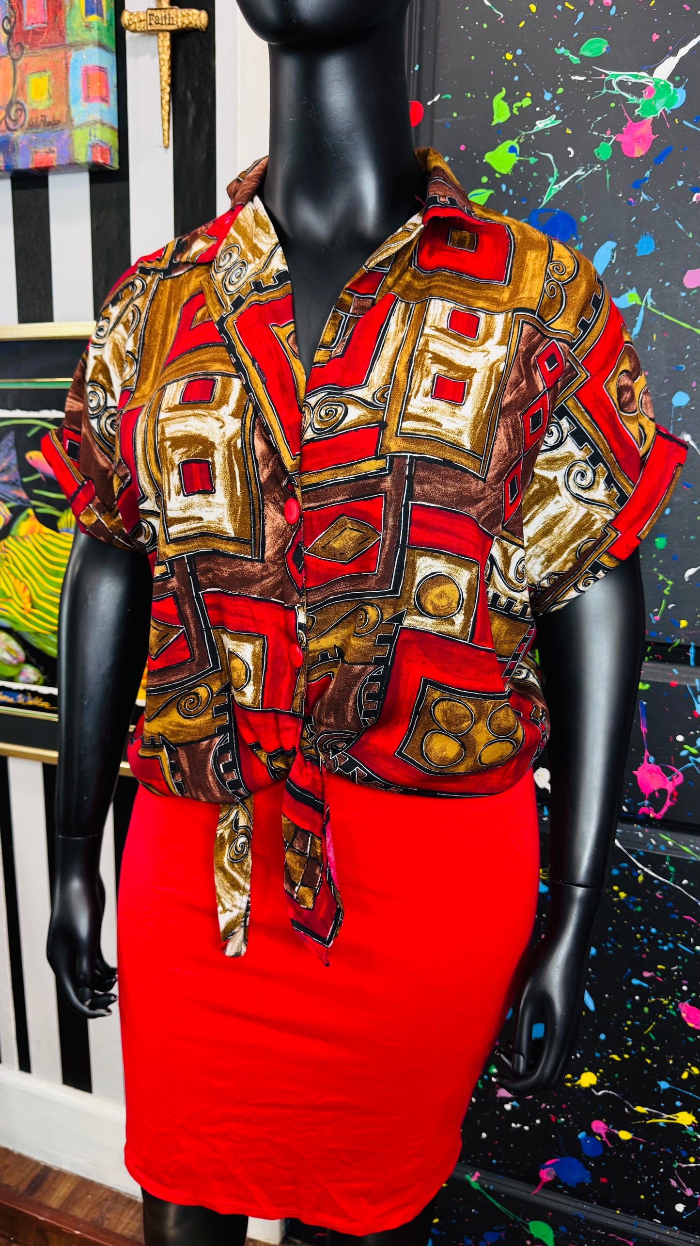 Vintage Rayon Tie Front Tribal Print Blouse (22)