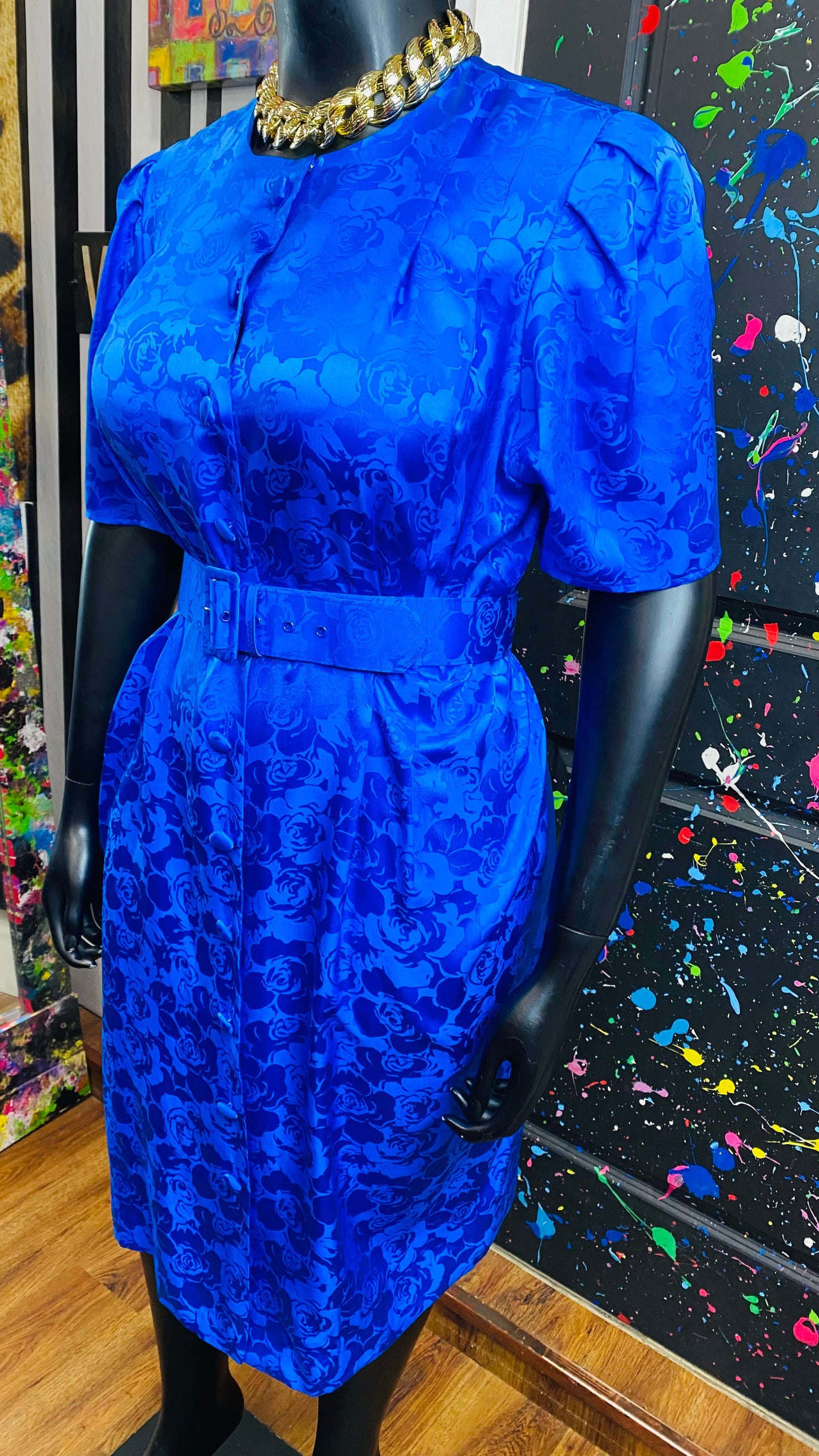 Vintage Blue 100% Silk Belted Dress (20)