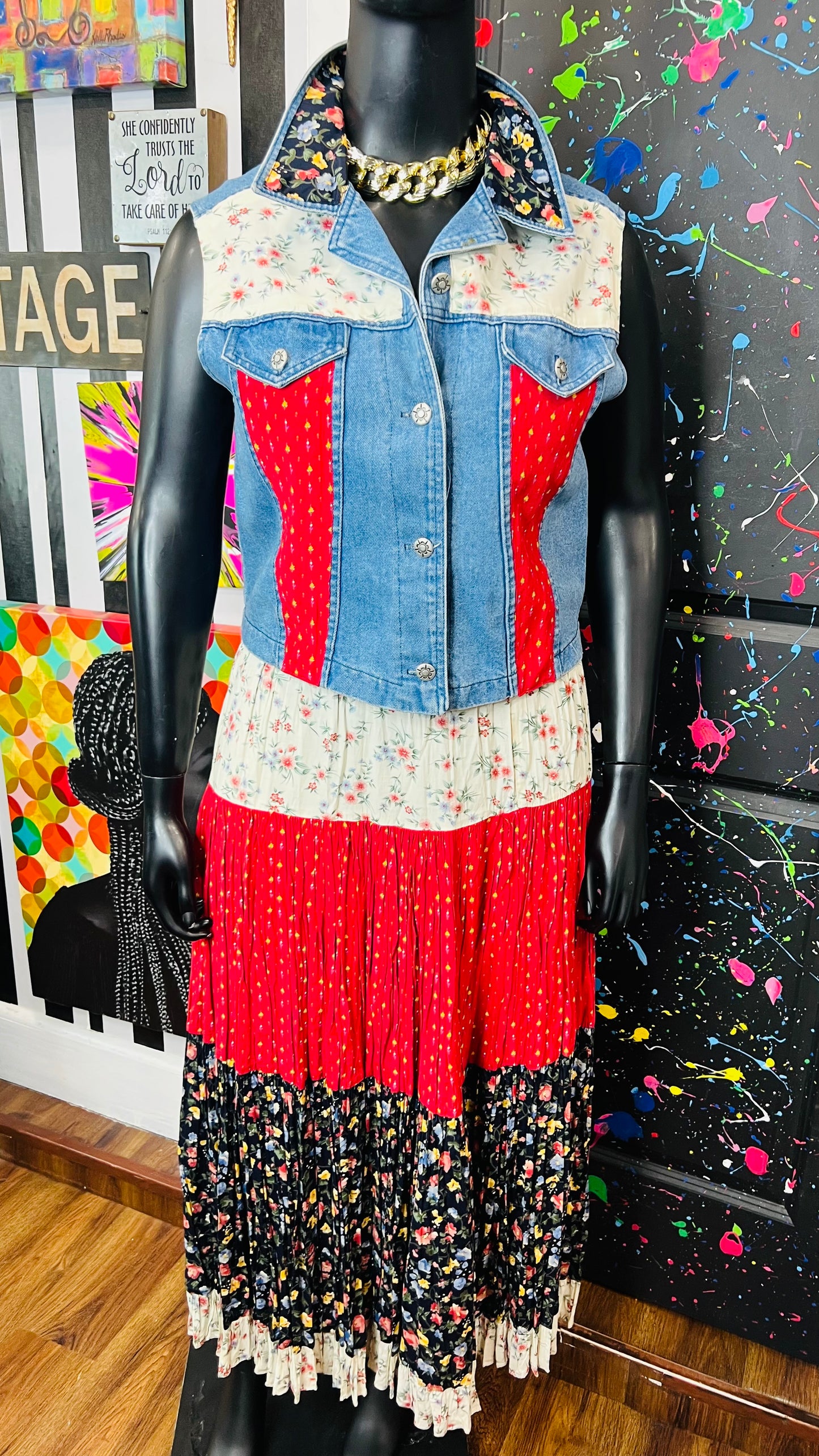 Vintage Denim Vest & Floral Skirt Set (14/16)