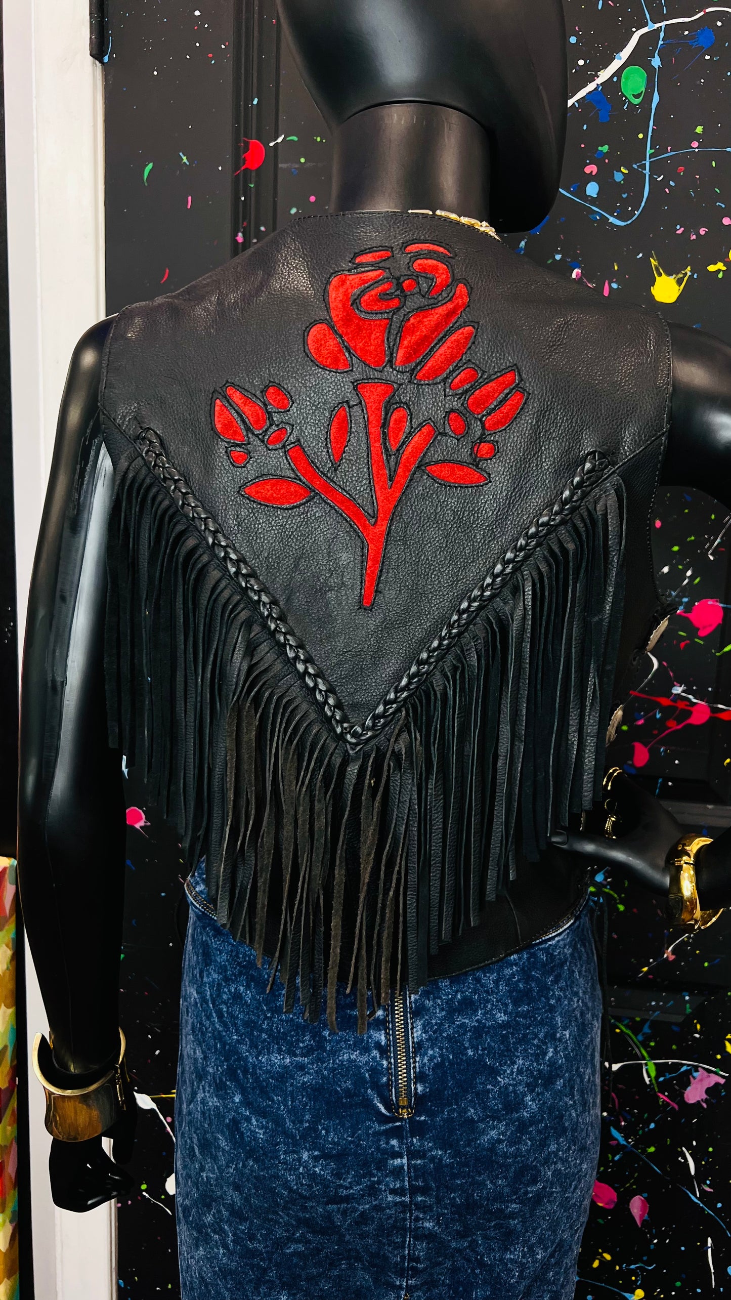 Vintage Genuine Leather Rose Fringe Vest (12)