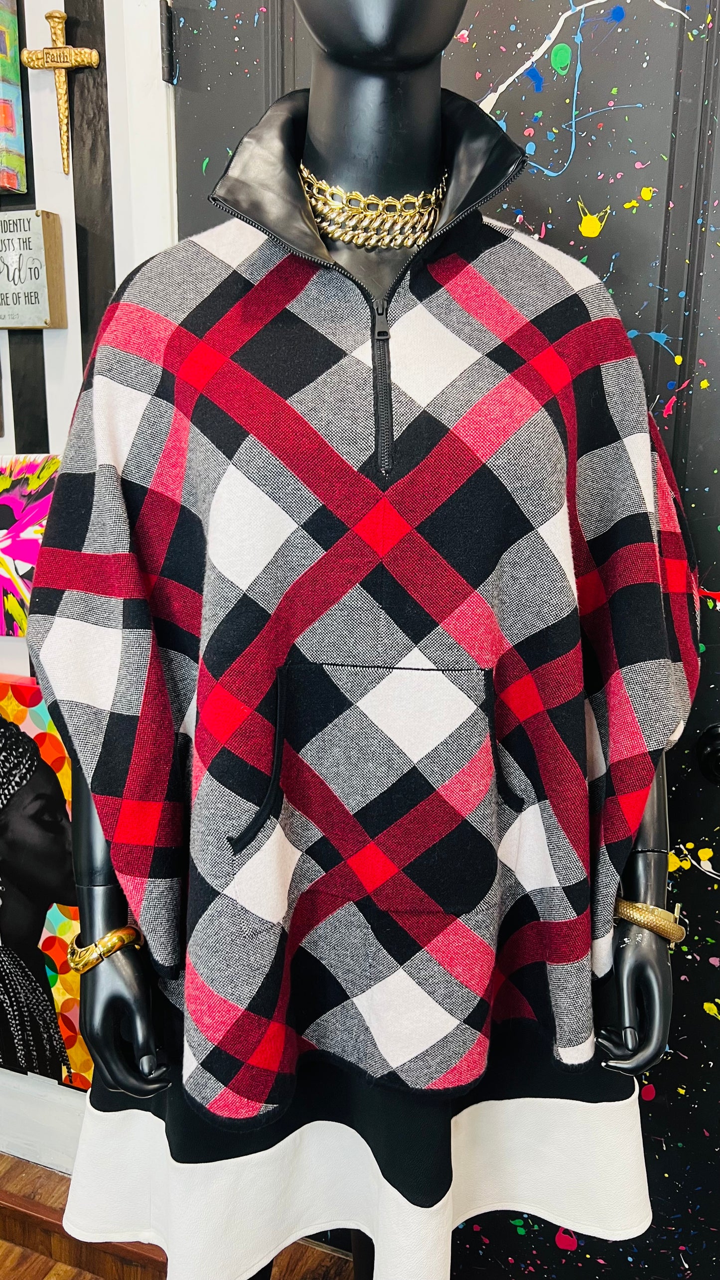 Plaid Stretch Knit Poncho (OS)