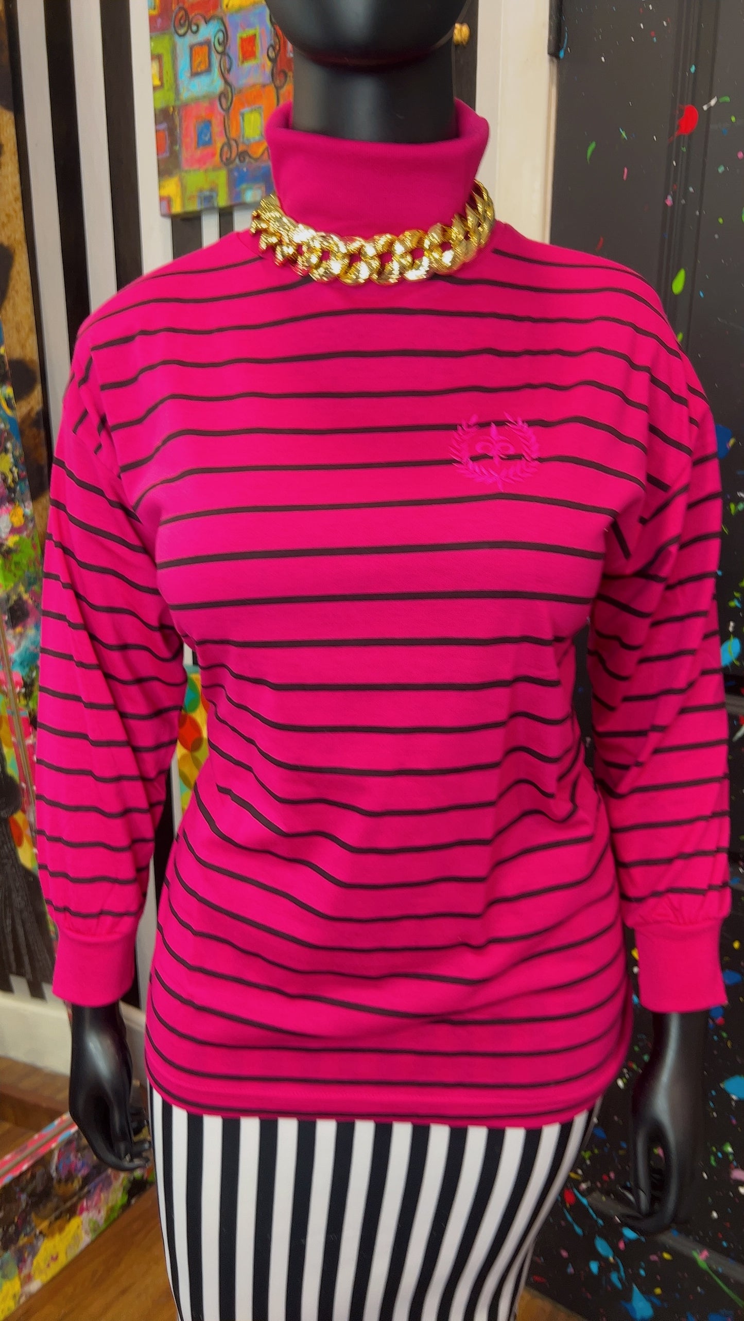 Vintage 100% Cotton Black Striped Turtle Neck - Pink (18)