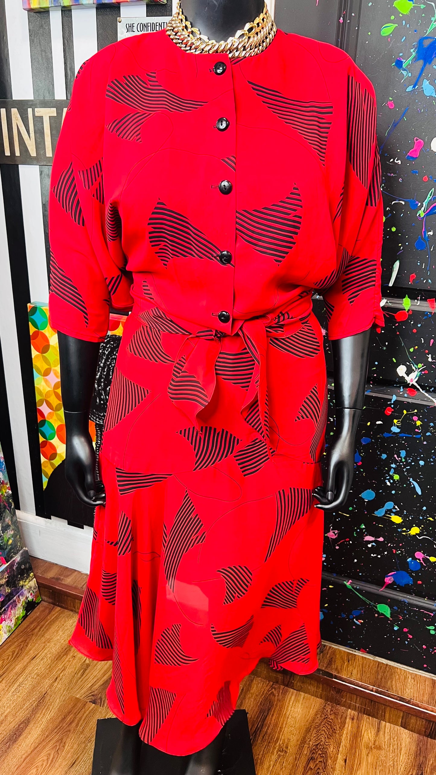 Vintage Red & Black Tie Front Blouse Skirt Set (14)