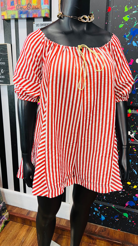 Vintage White & Red Striped Romper (12/14)