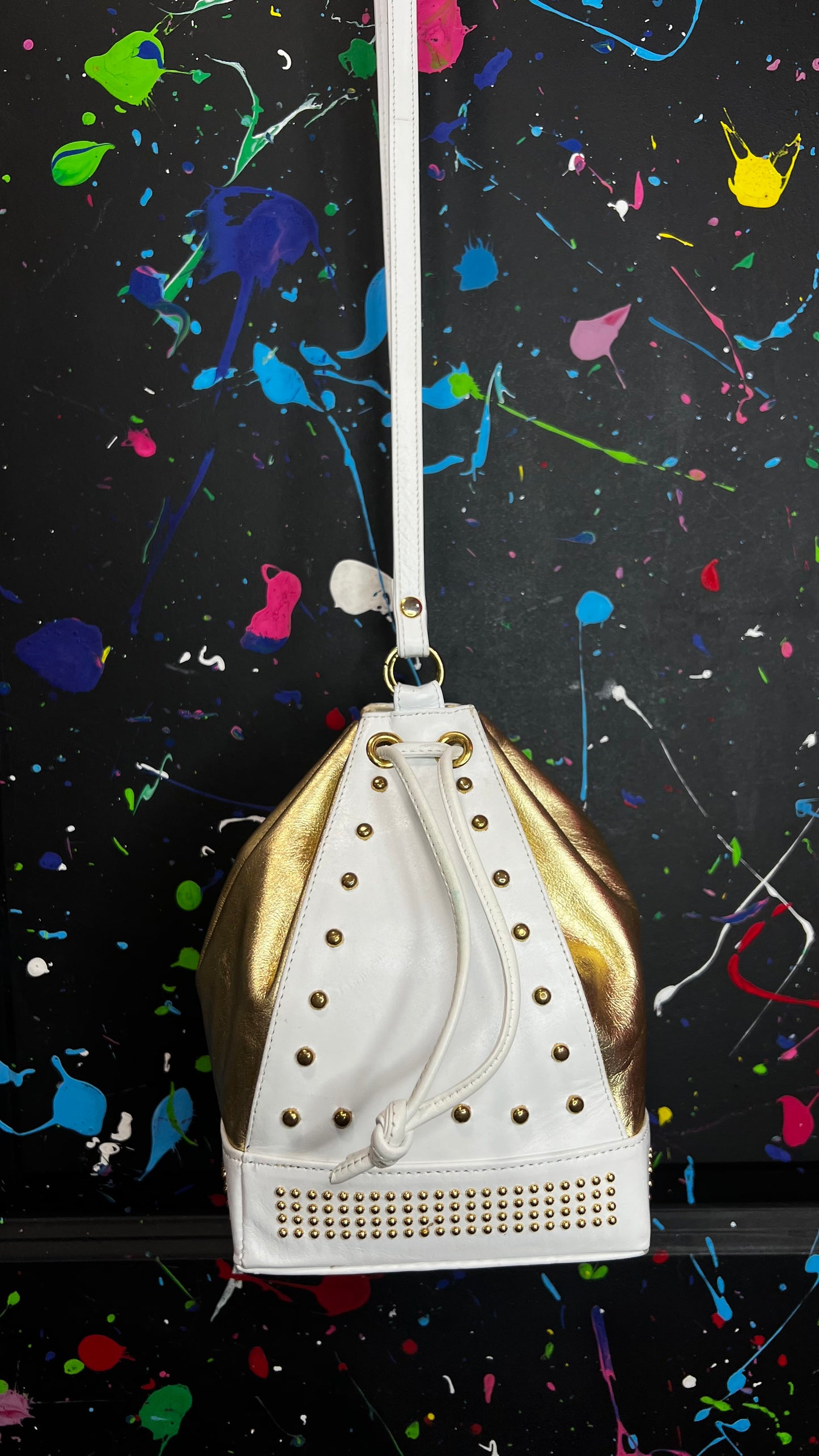 Vintage Genuine Leather Gold & White Studded Bucket Bag