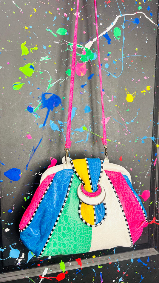 Vintage Genuine Leather Color Block & Checkered Purse *KC