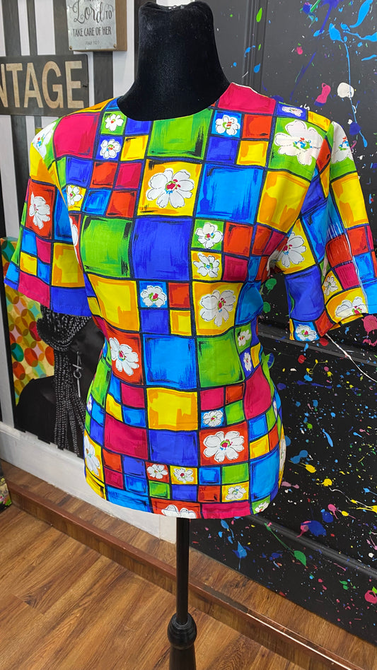 Vintage Color Block Floral Blouse (12)