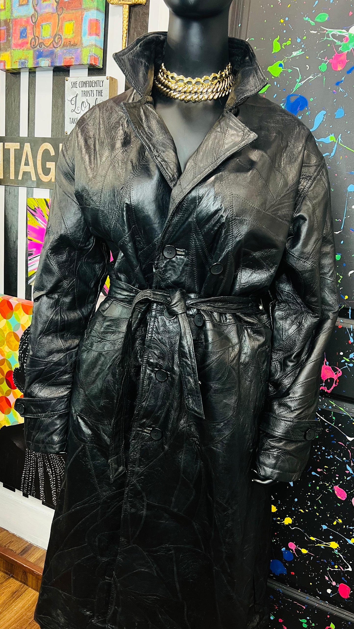 Vintage Genuine Leather Patchwork Trench Coat (18)