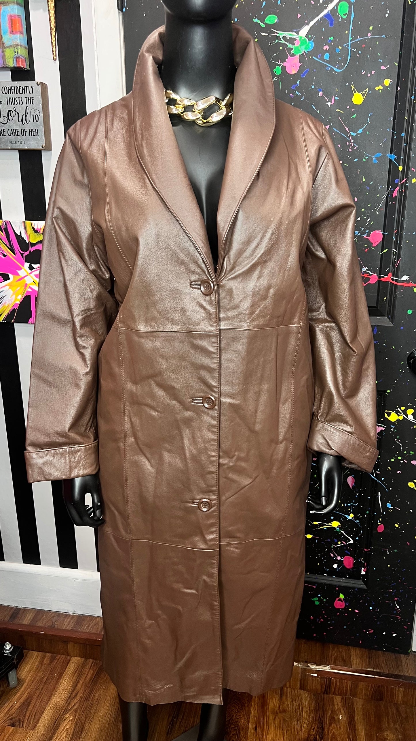 Vintage Chocolate Brown Genuine Leather Trench Coat (16)