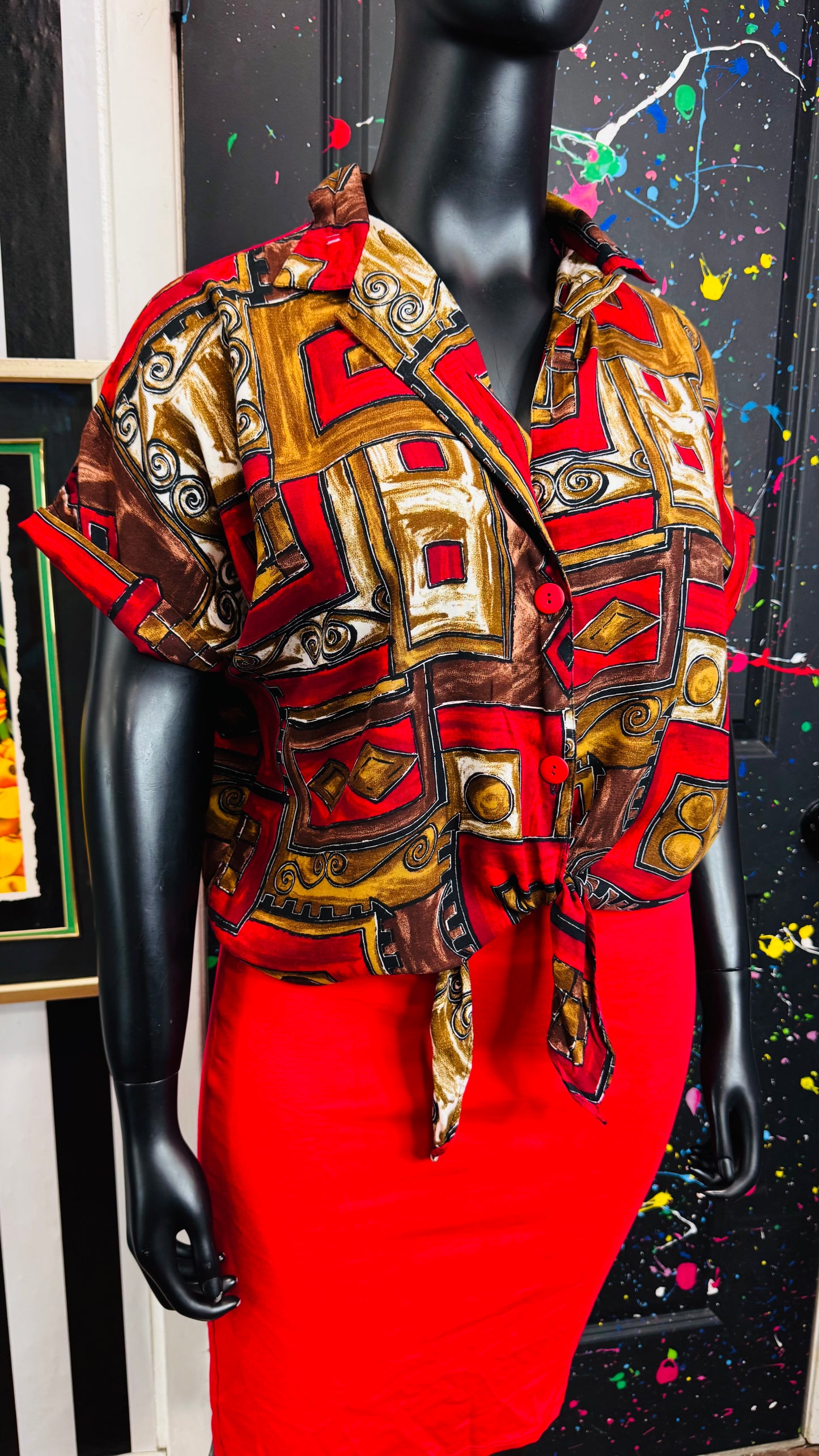 Vintage Rayon Tie Front Tribal Print Blouse (22)