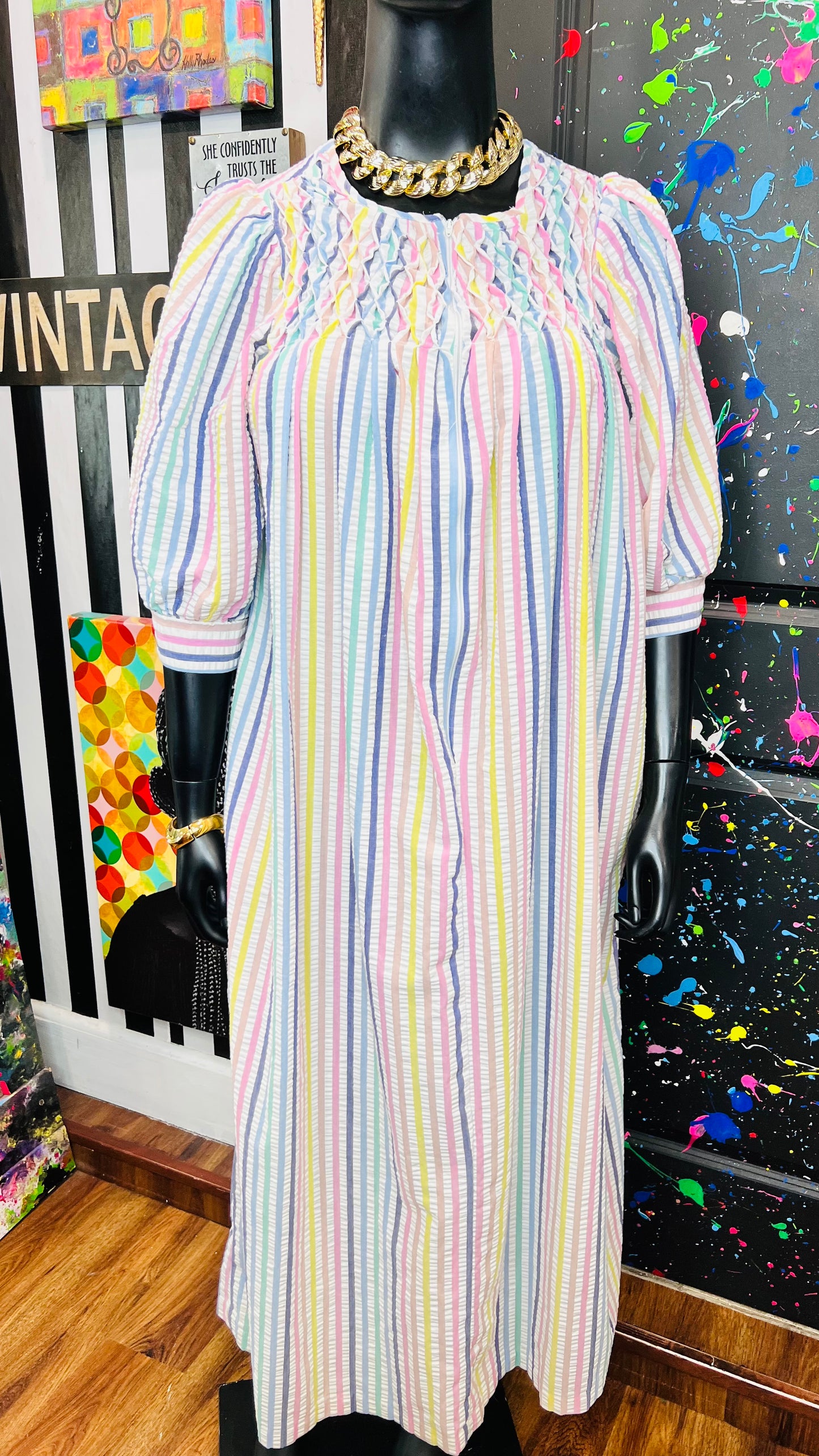 Vintage Striped Pastel Night 70’s Gown (12/14)