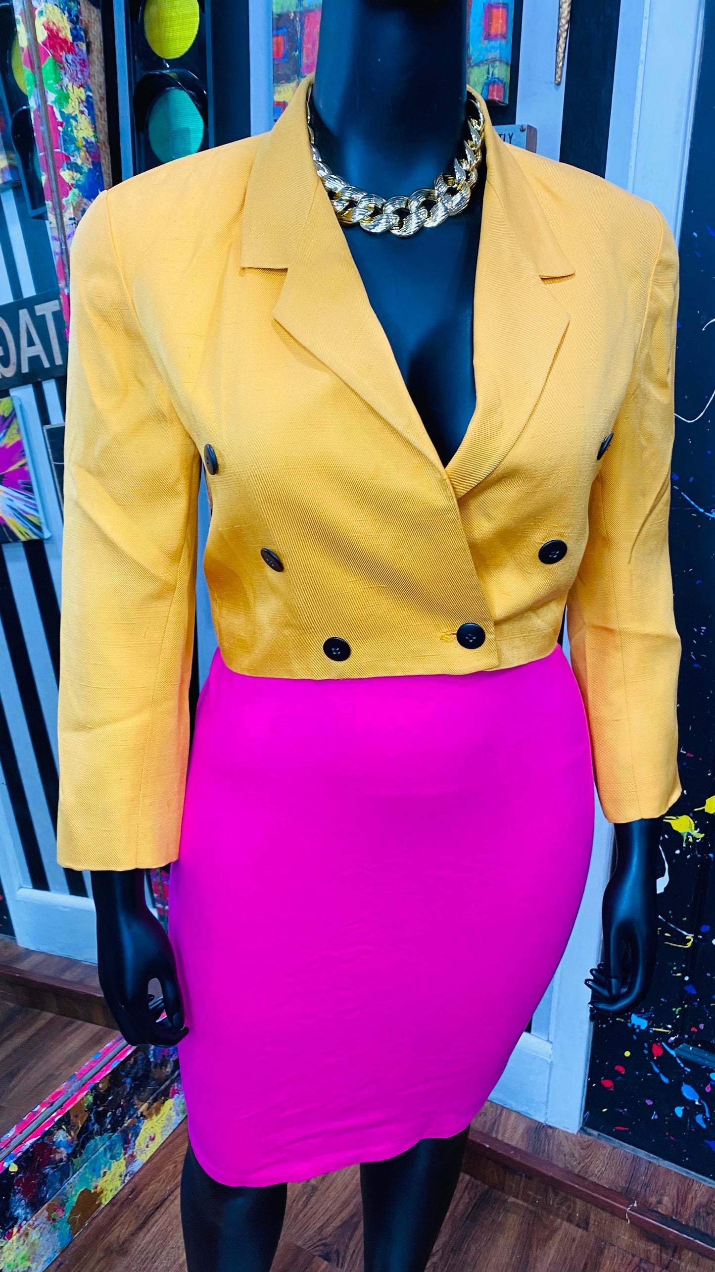 Plus Size 100% Silk Vintage Mustard Yellow Cropped Blazer (12)