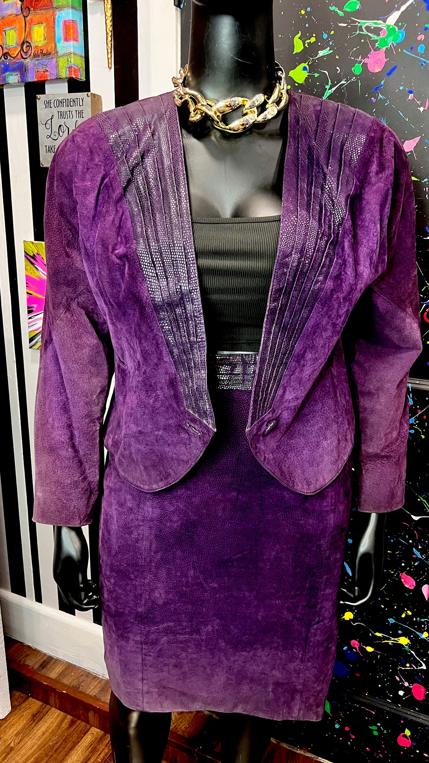 Vintage Purple Genuine Suede Leather Skirt Suit (14/16)