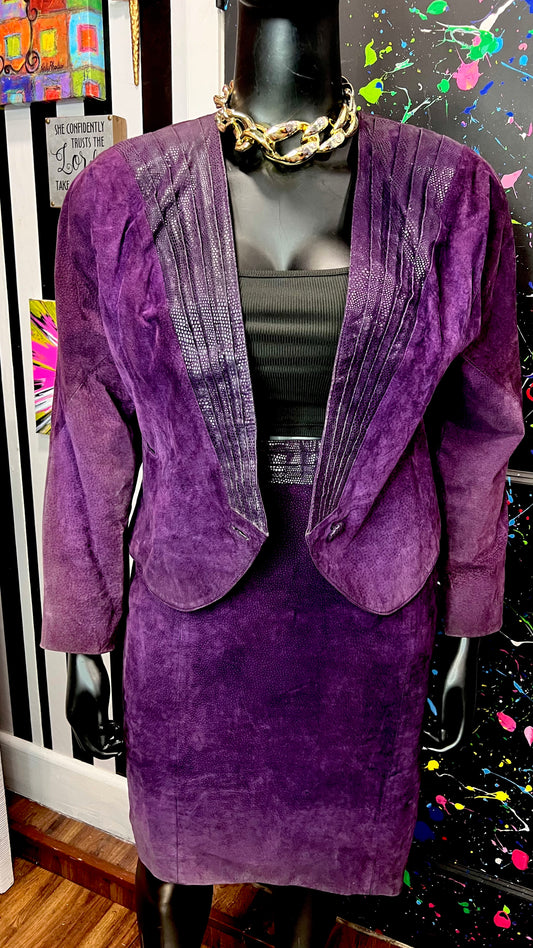 Vintage Purple Genuine Suede Leather Skirt Suit (14/16)