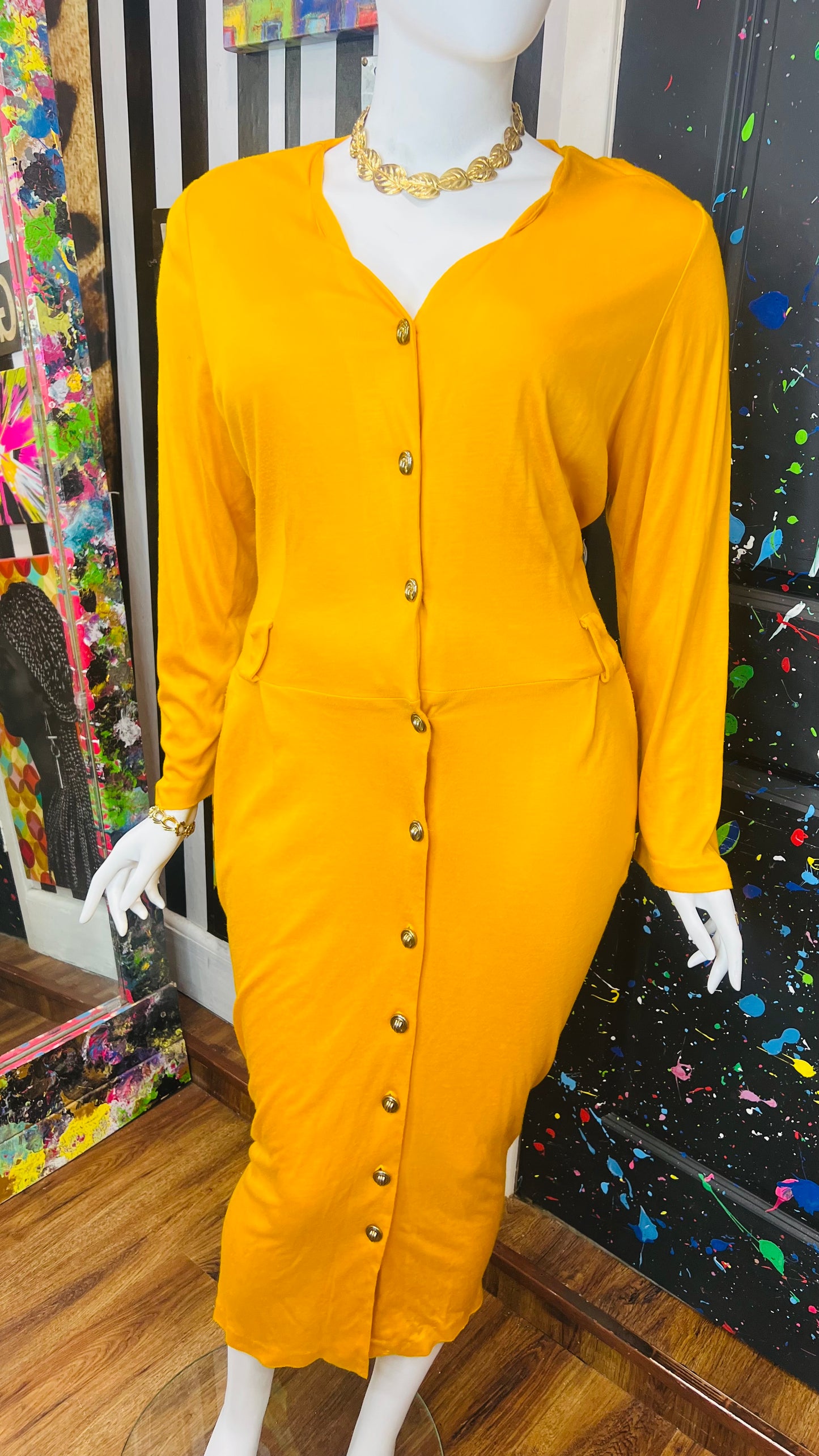 Vintage Cotton Mustard Yellow- Stretch Dress (20)