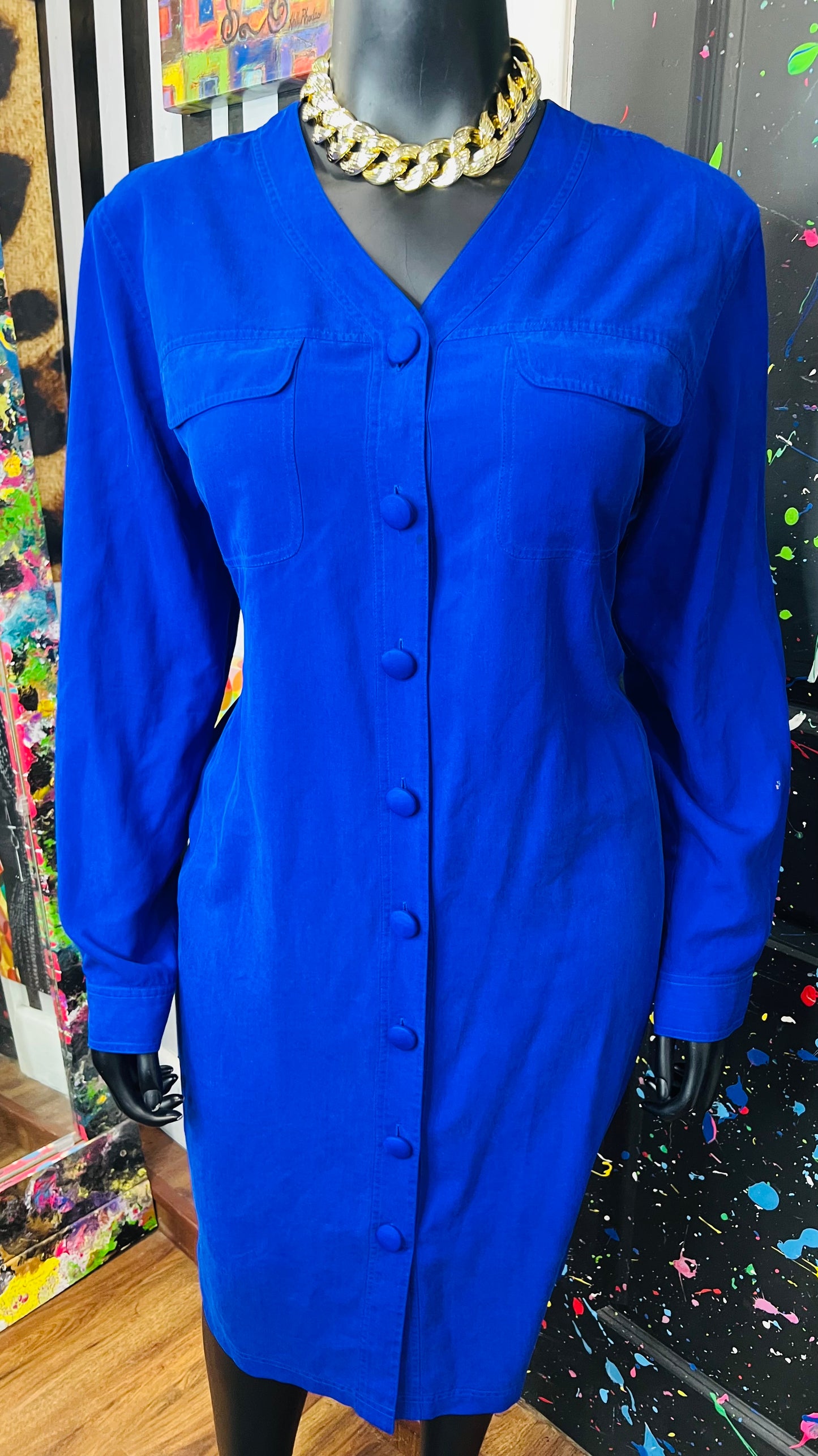 Vintage 100% Silk Cobalt Blue Dress (18)