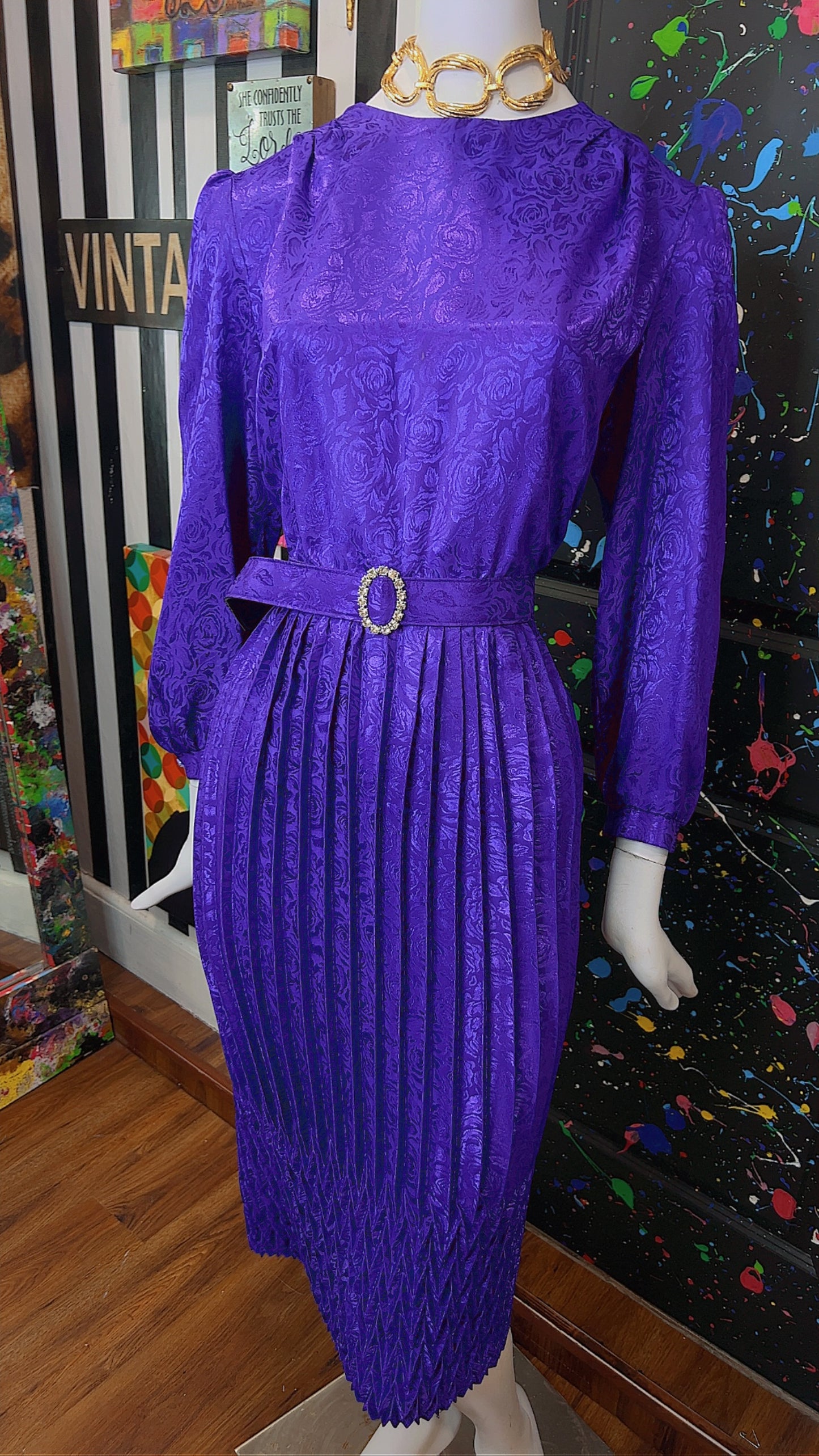 Vintage Purple Pleated Dress w/ Belt (16)
