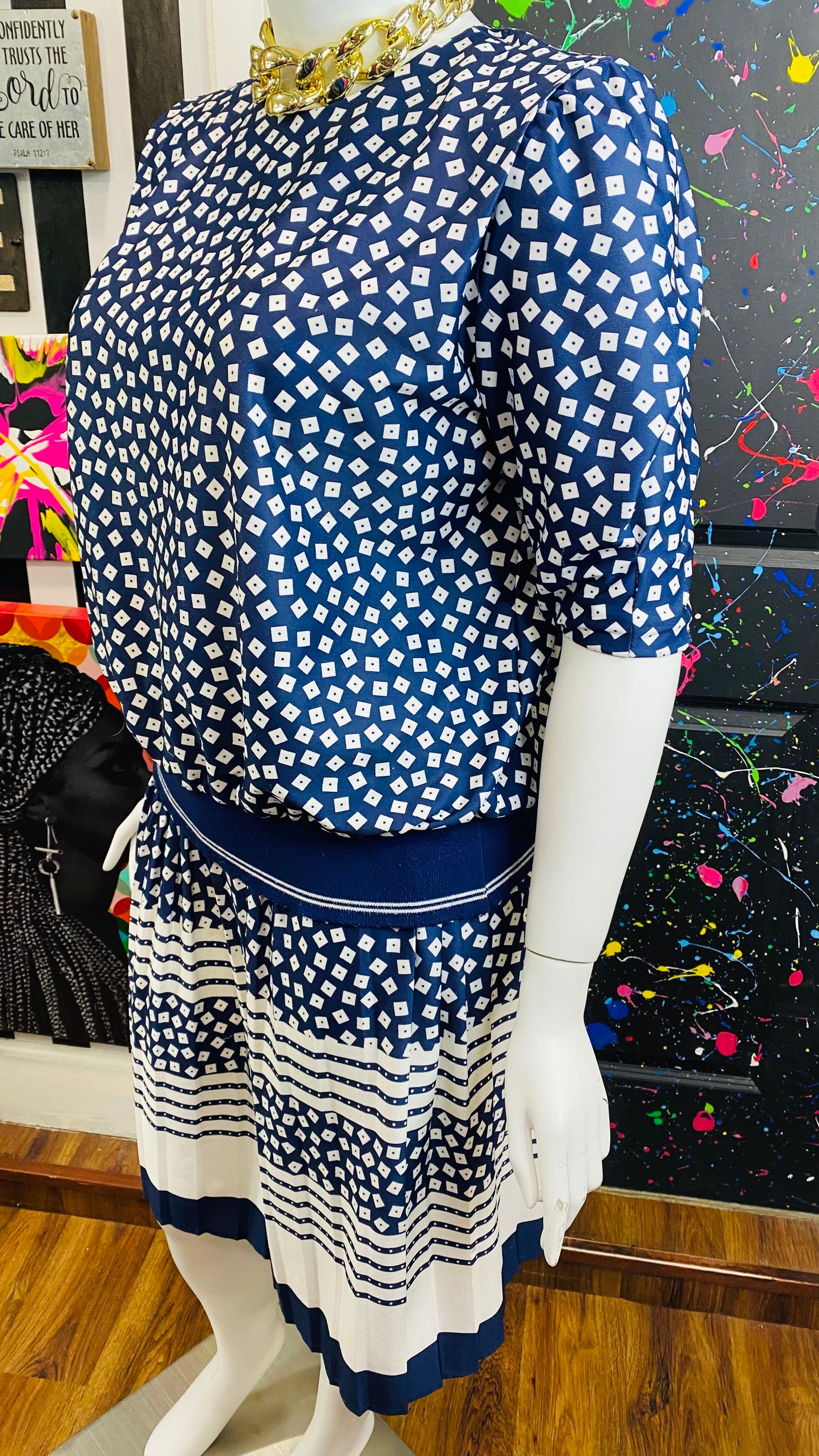 Vintage Navy Blue Polka Dot & Squares Skirt Set (18)