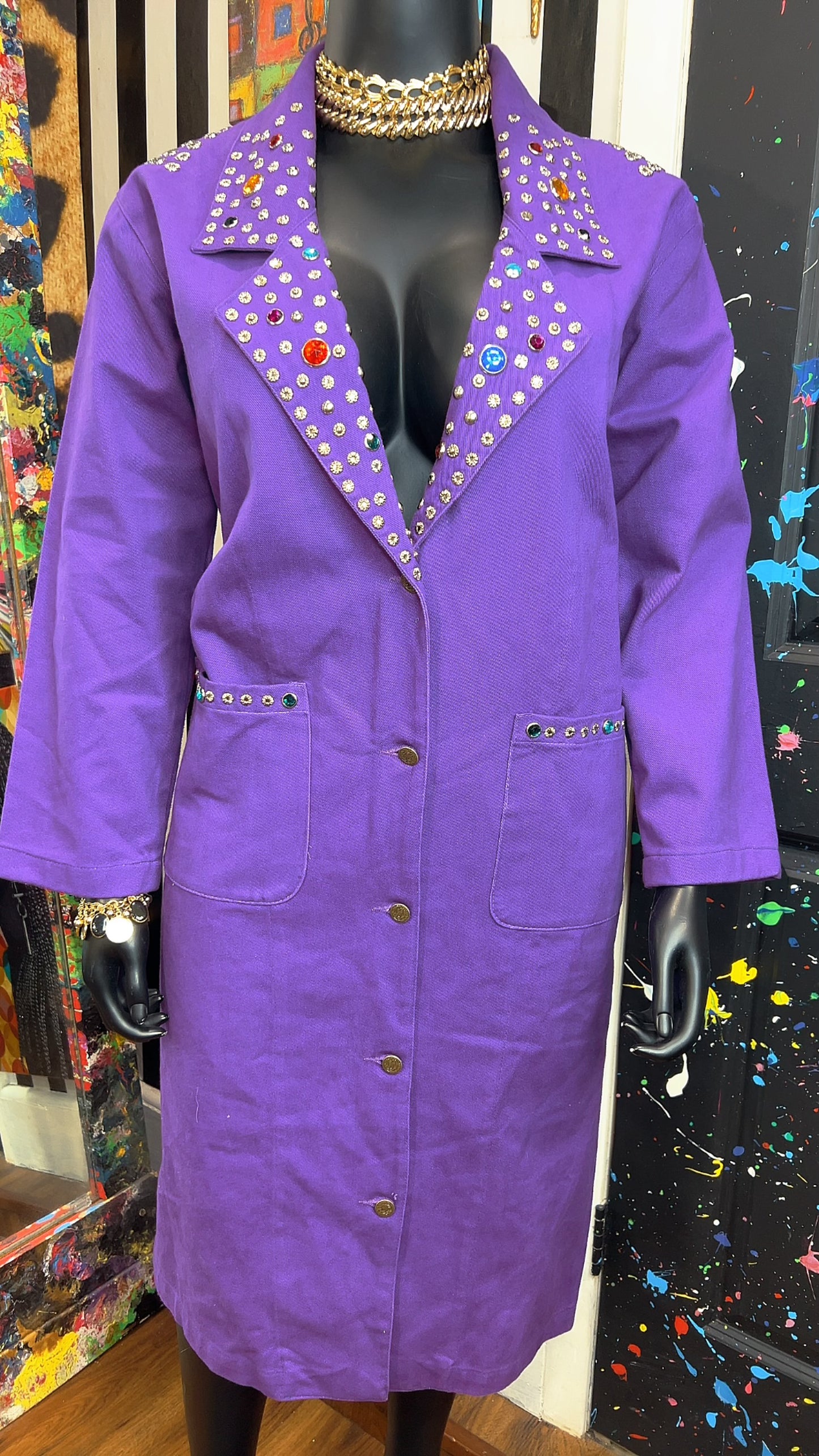 Vintage Purple Denim Jeweled Trench Coat (16)