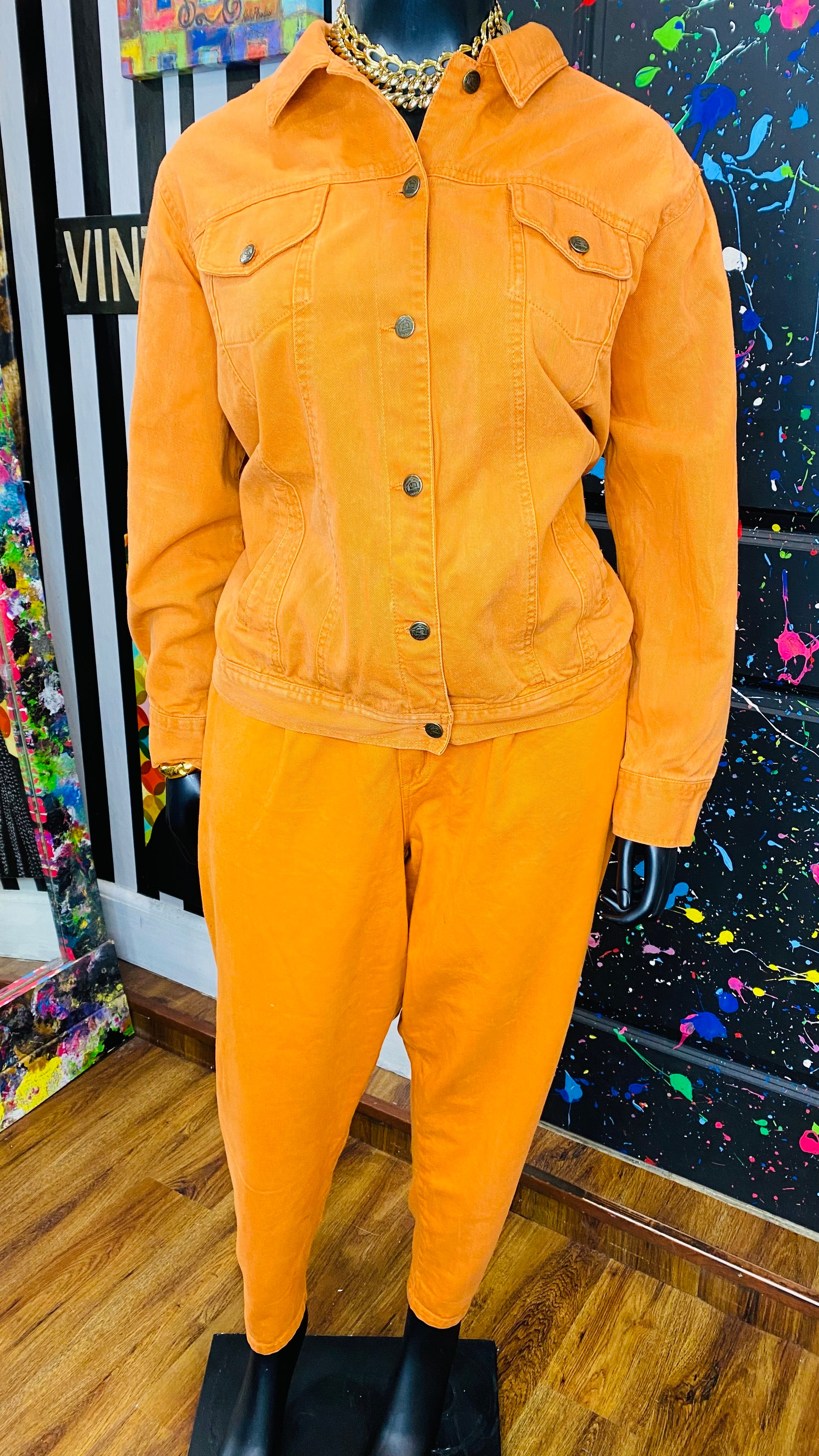 Vintage 90’s Red Denim Set- Orange Jeans & Denim Jacket (26W) – Bomb ...