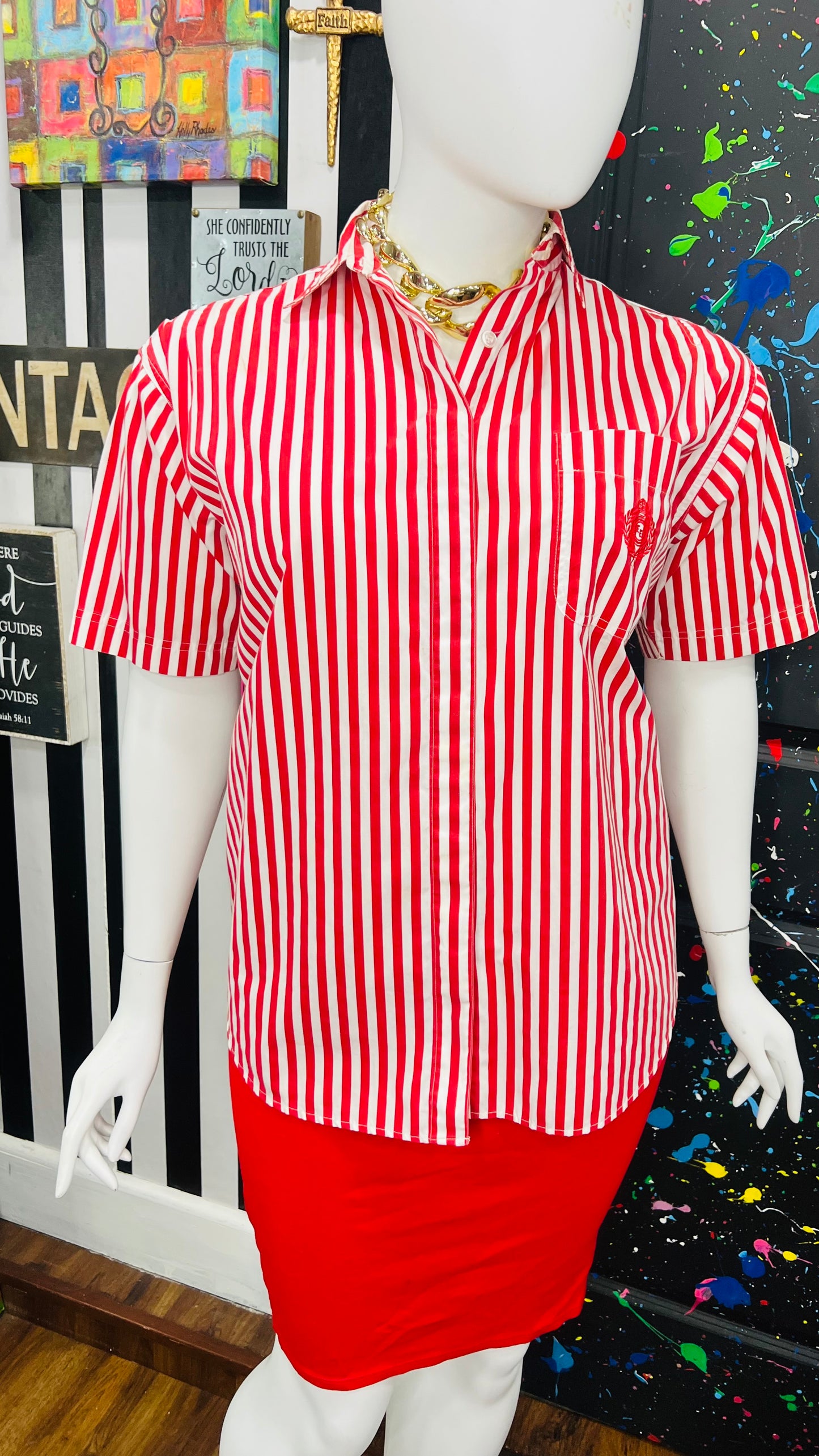Vintage Cotton Red & White Striped Blouse (22W)