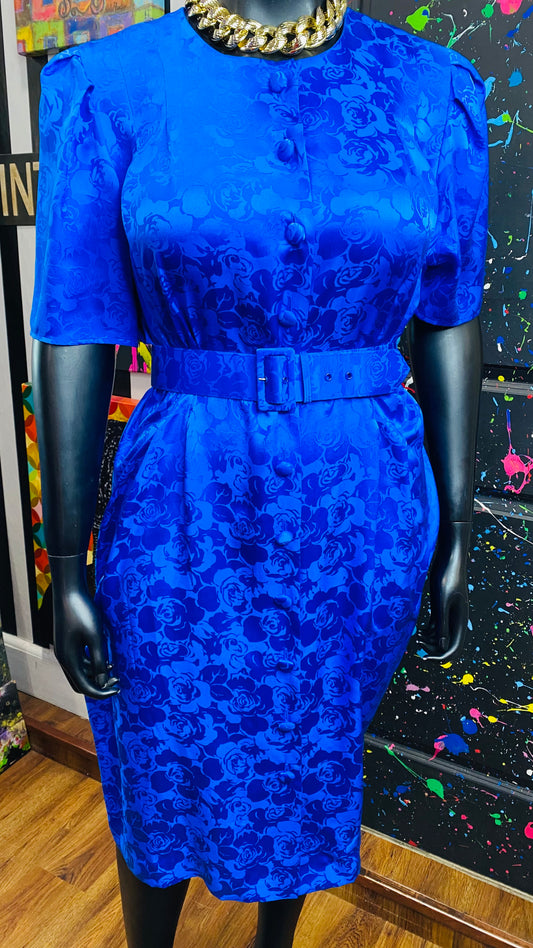 Vintage Blue 100% Silk Belted Dress (20)