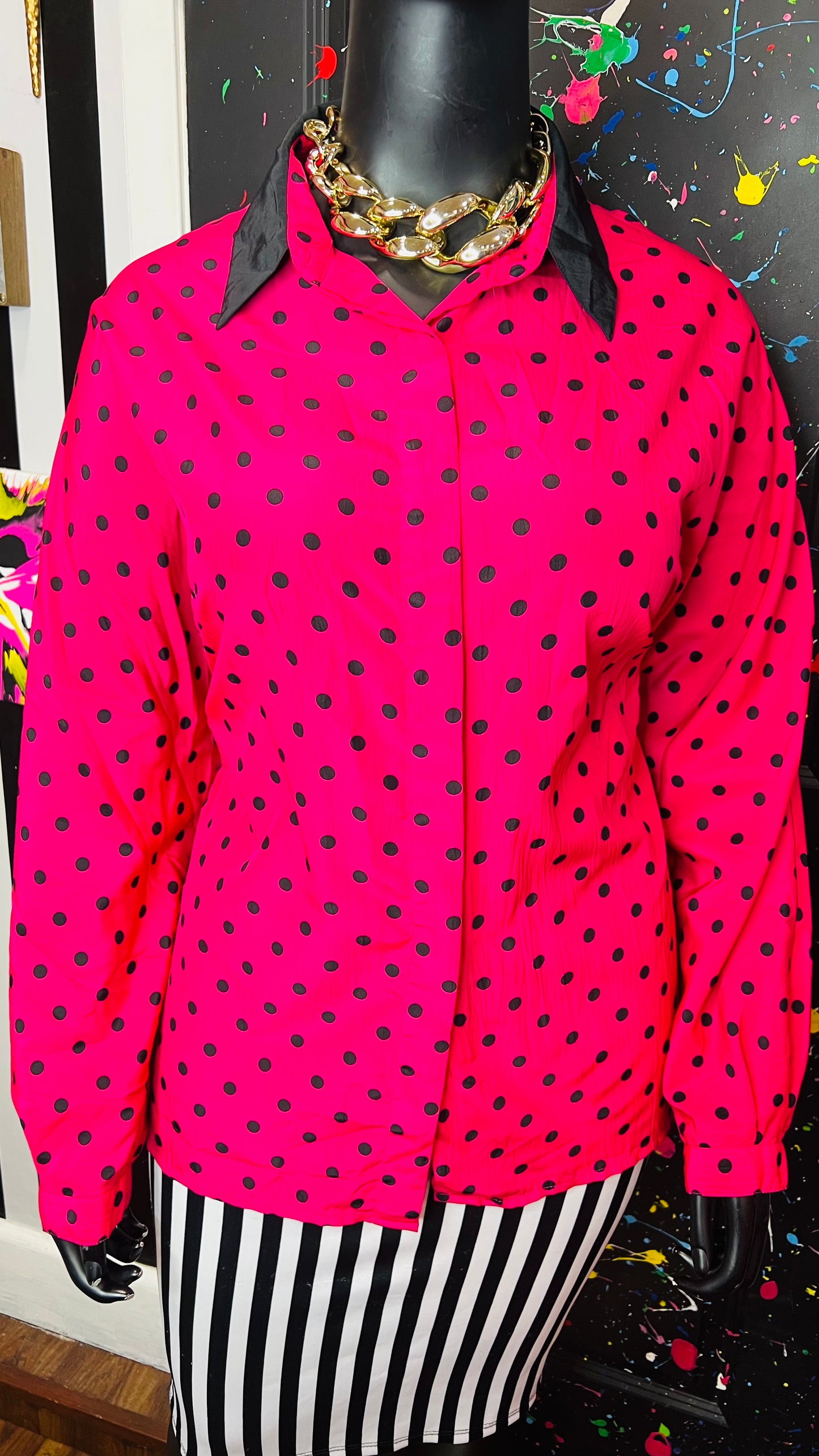 Vintage Pink & Black Polka Dot Blouse (22W)