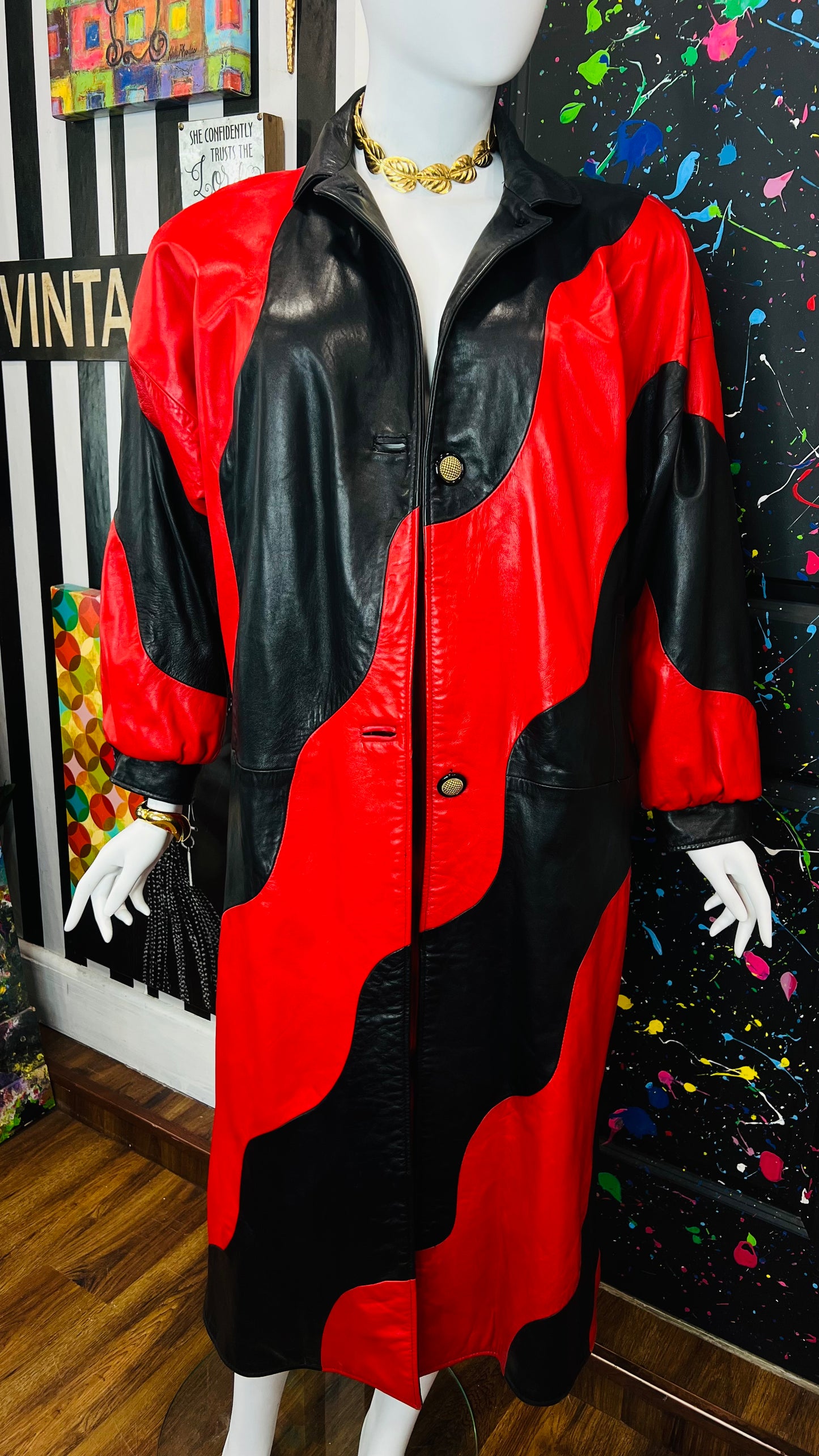 Vintage Genuine Leather Red & Black Trench Coat (16)