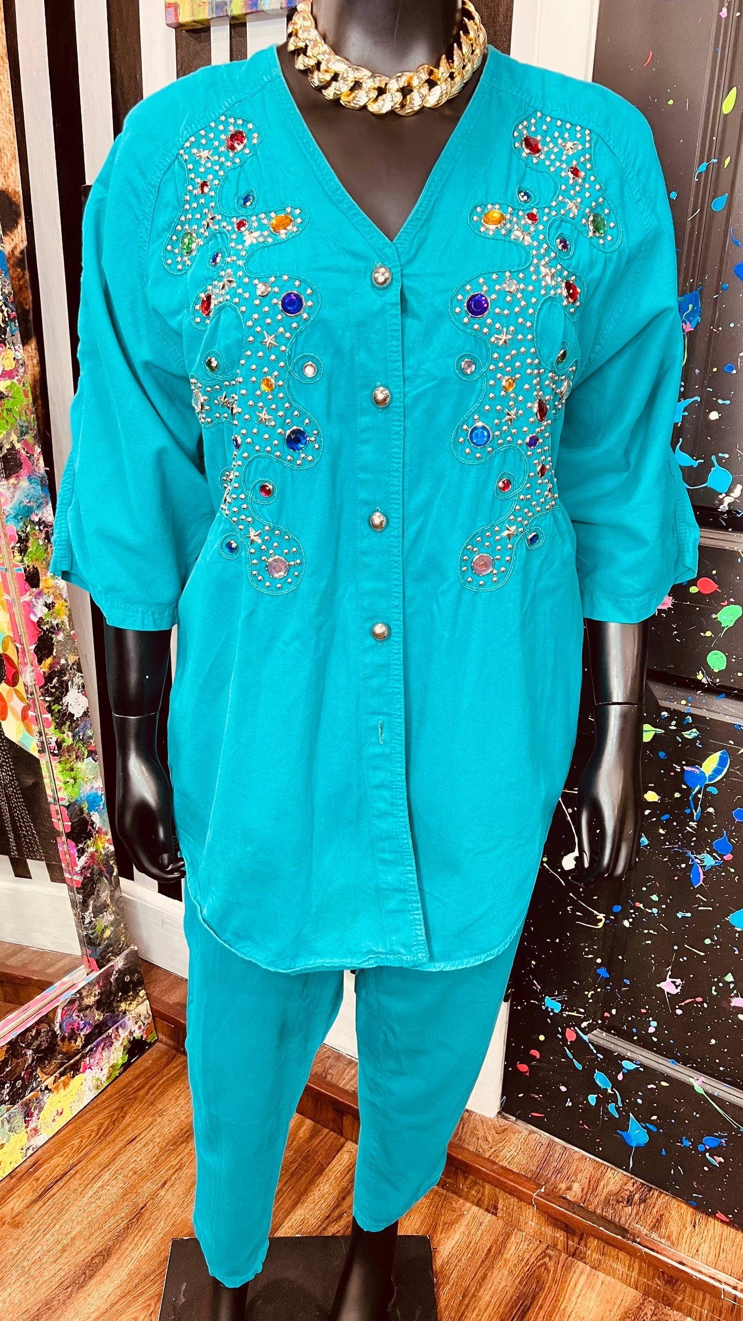 Vintage Teal Denim Jewel & Studds Pants Set (22/24)