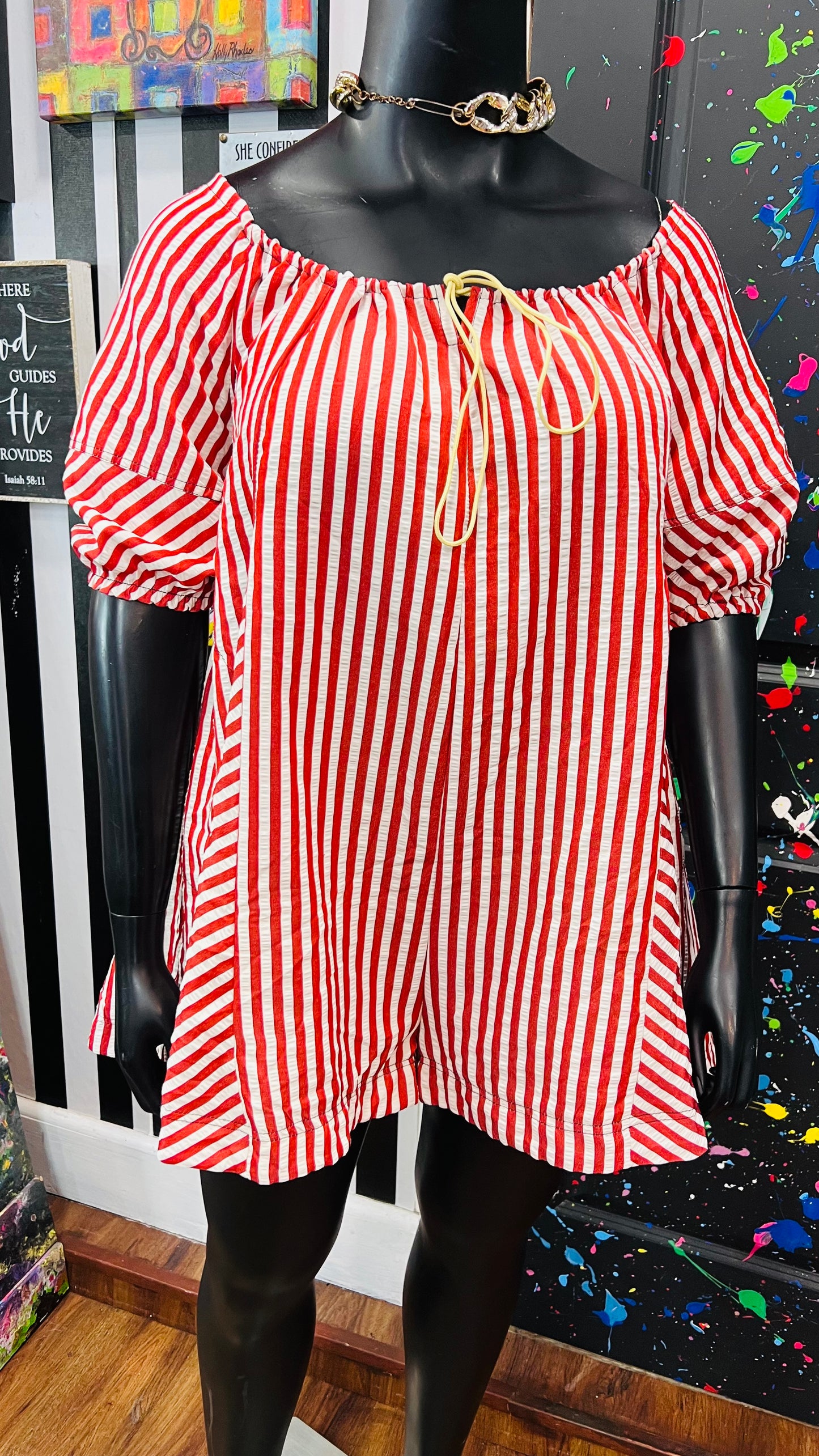 Vintage White & Red Striped Romper (12/14)