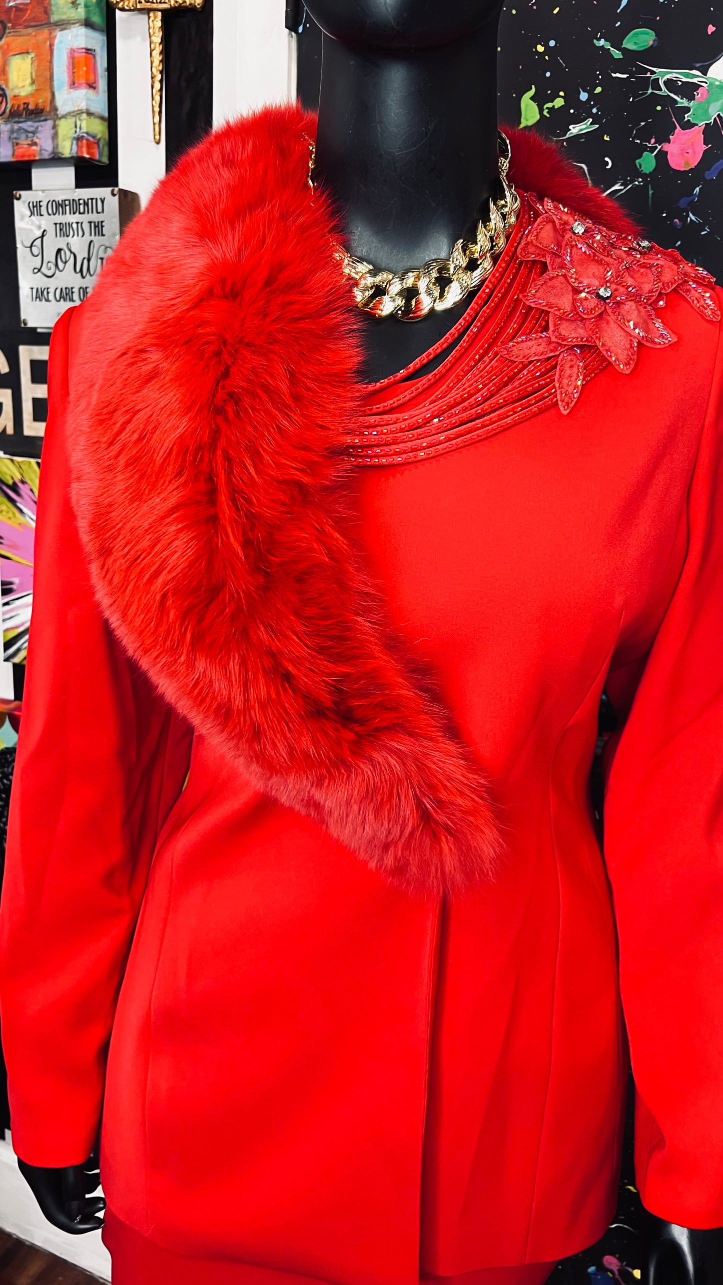 Vintage Couture Red Faux Fur Skirt Suit (20)
