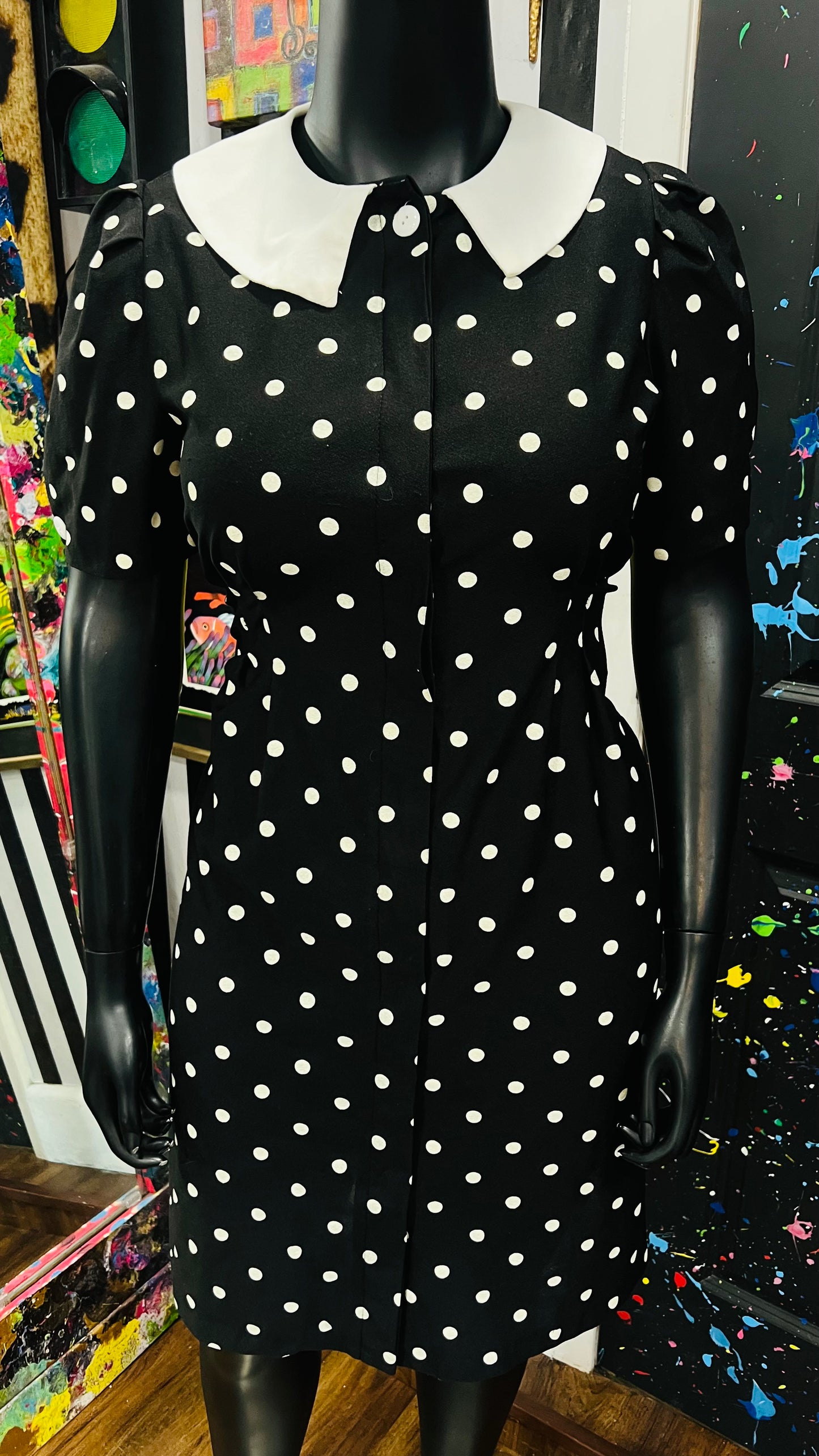 Vintage Polyester Black & White Polka Dot Dress (14) *some stretch