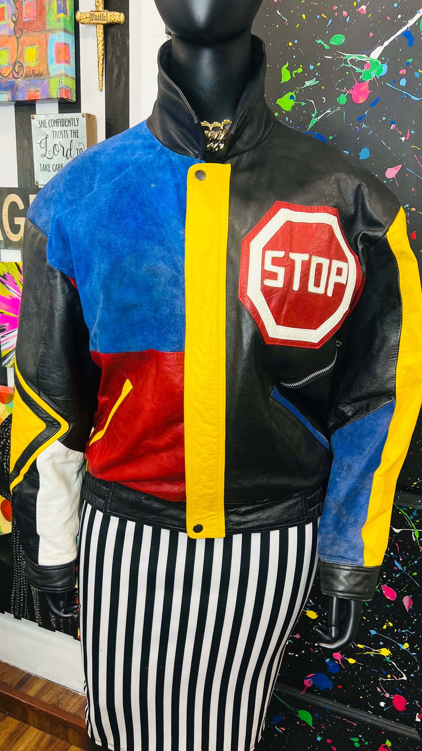 Vintage Road Sign Genuine Leather & Suede Jacket (20/22)