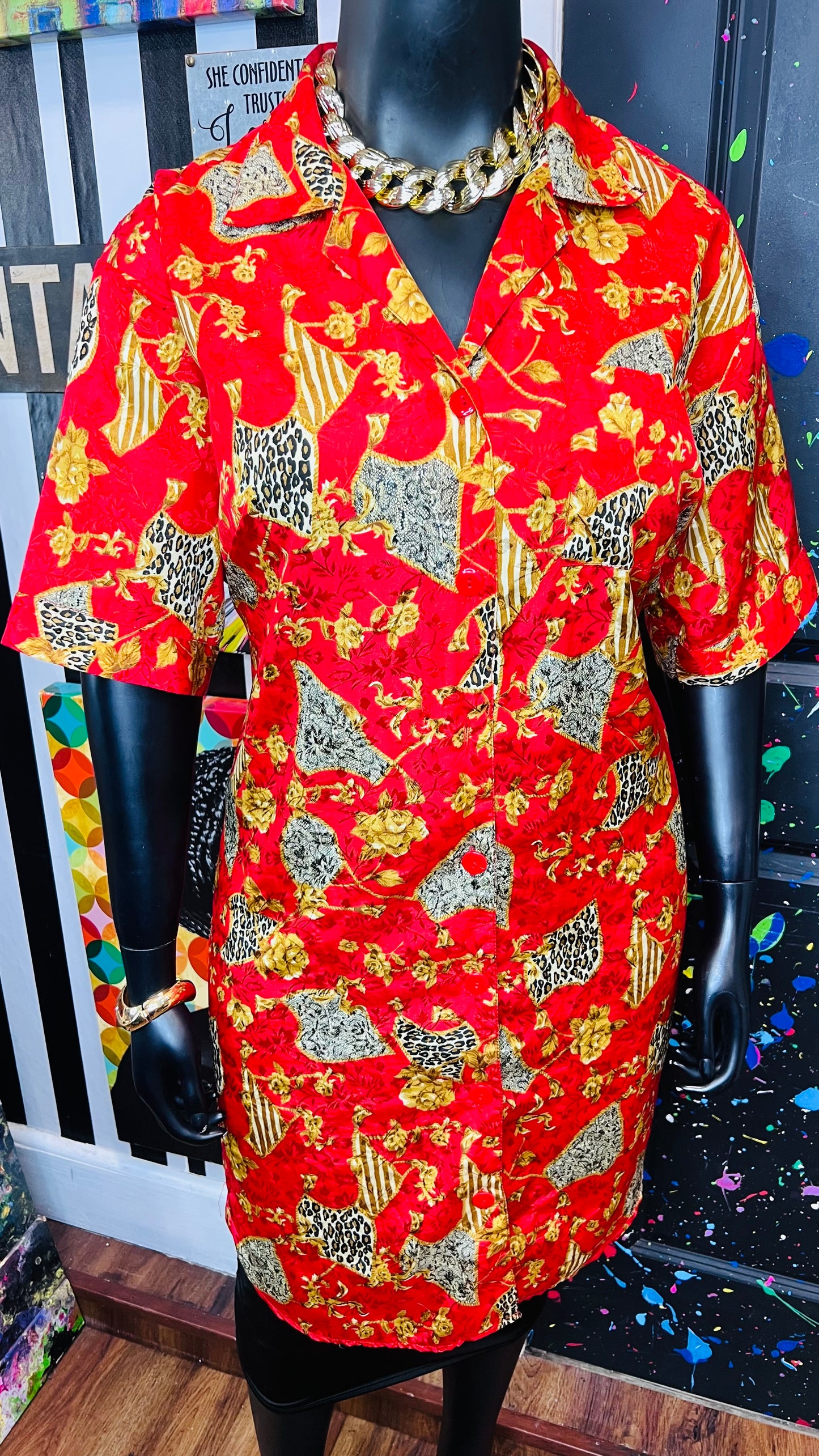 Vintage Red & Gold Animal Print Gown/Duster (OS)