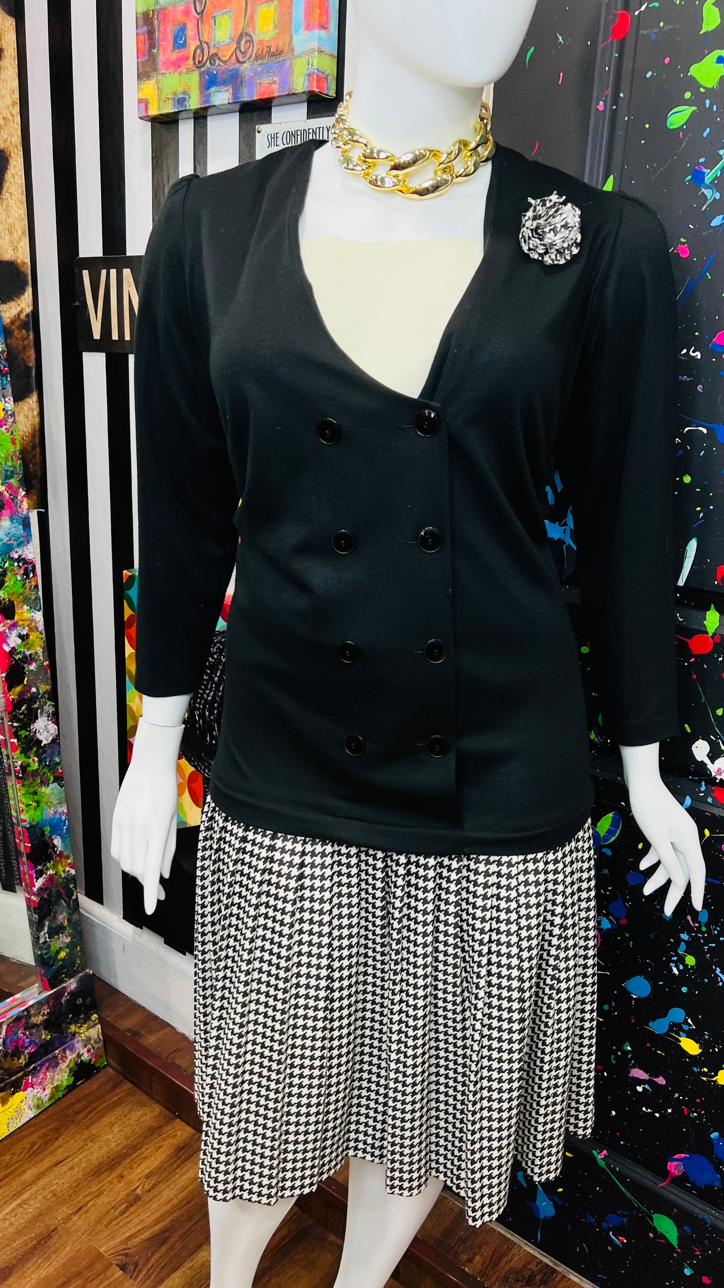 Vintage Houndstooth & Solid Black Dress (24W)